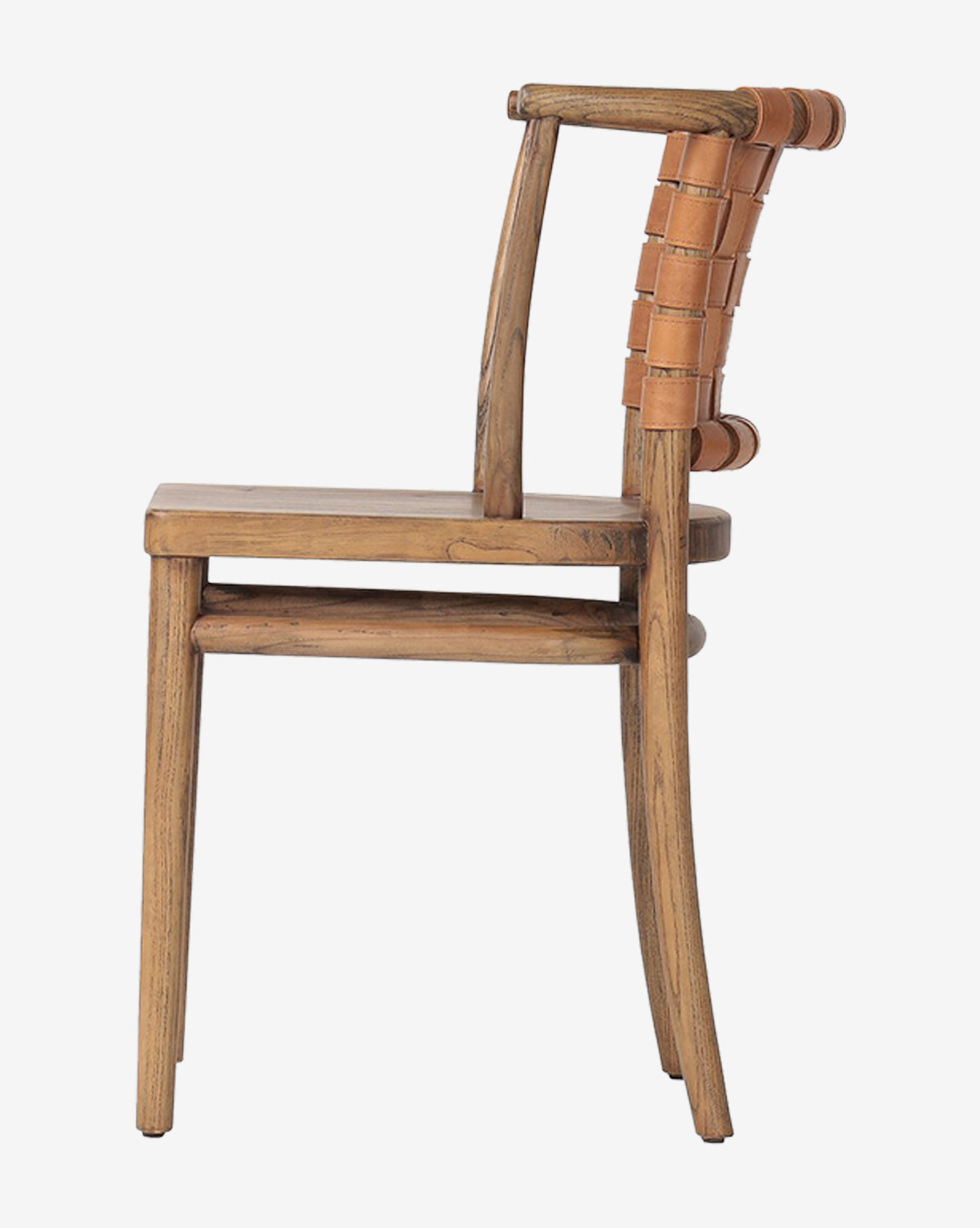 Side view of the Lennon Dining Chair, featuring a woven leather seat and slightly curved back support in a simple, modern design—ideal for compact dining spaces, by McGee & Co.
