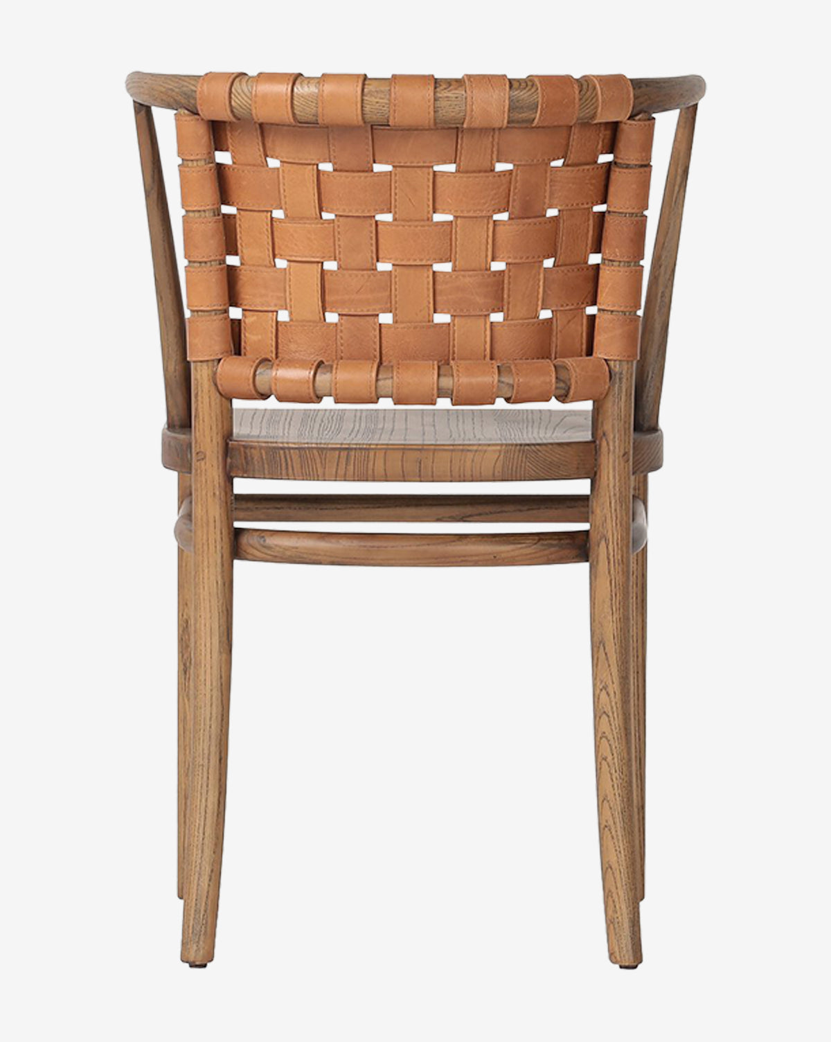 The Lennon Dining Chair features a tan woven leather backrest and seat with crisscrossed straps, shown from behind. Its light brown wood frame offers a bistro-style look—ideal as a compact dining chair for any space, by McGee & Co.