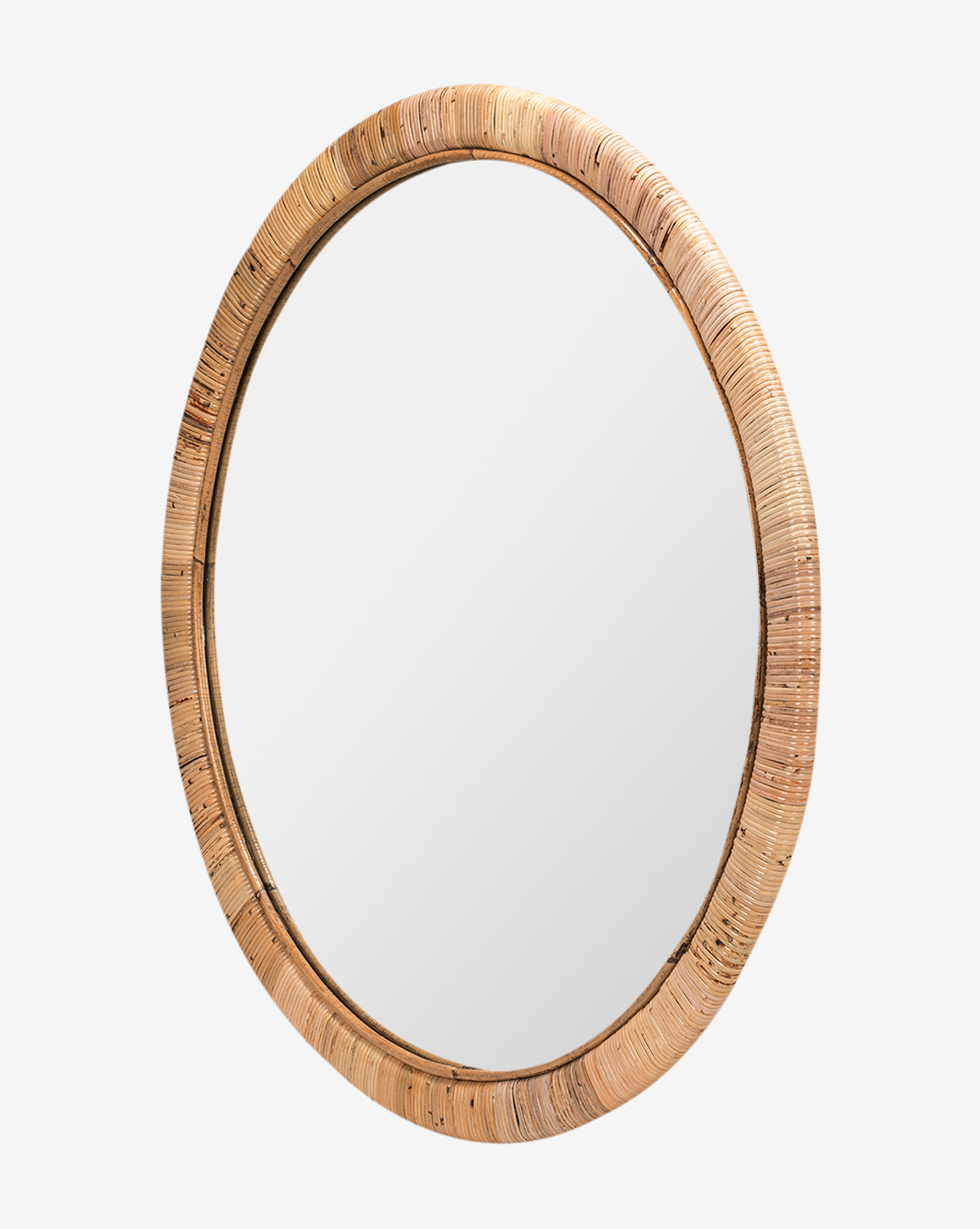 The Lenore Wall Mirror features an oval shape and a light brown woven rattan frame, adding natural elements and transitional style to any space when set against a plain white background, by McGee & Co.
