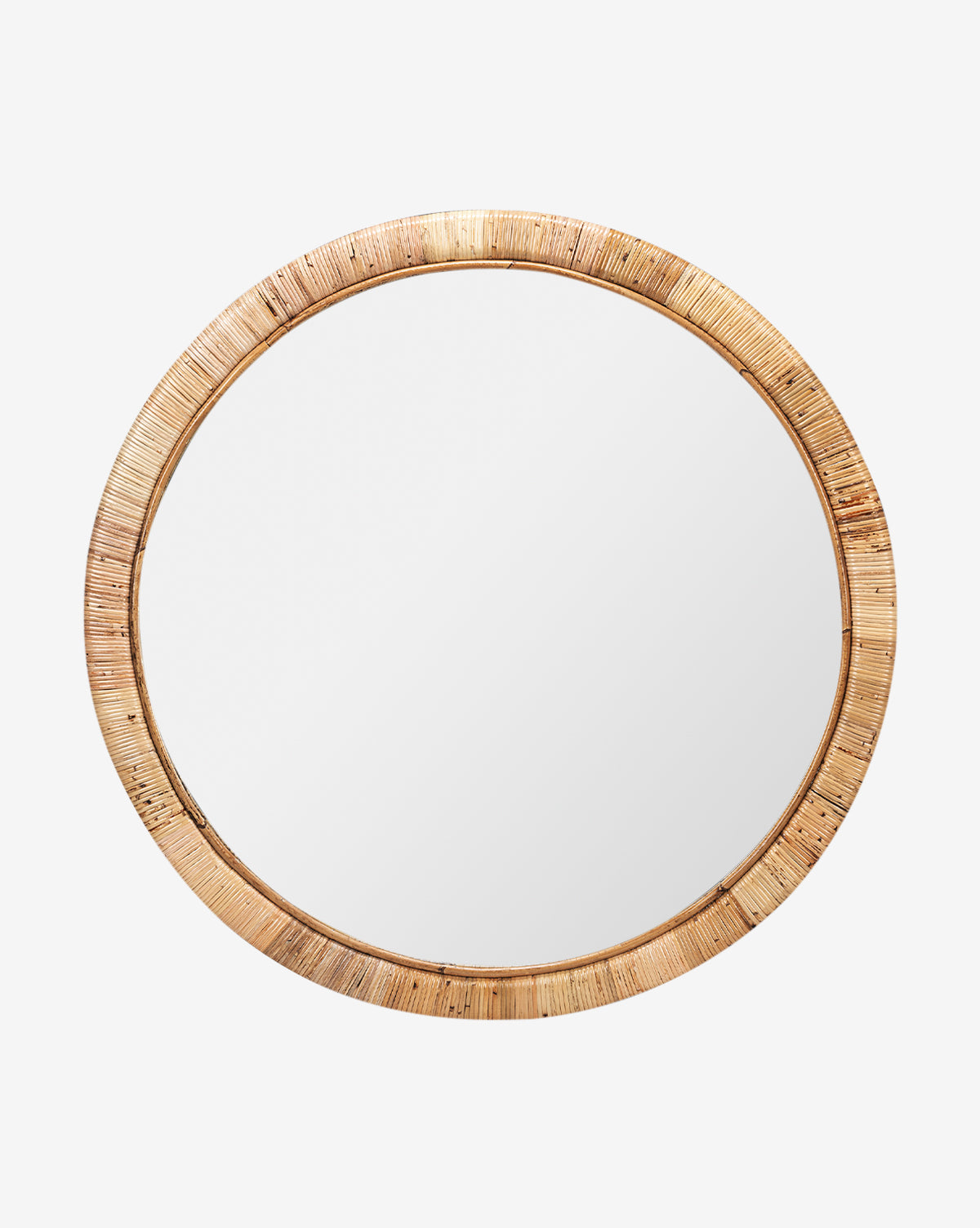The Lenore Wall Mirror features a light, airy design with a round silhouette and natural woven rattan frame, shown against a plain white background by McGee & Co.