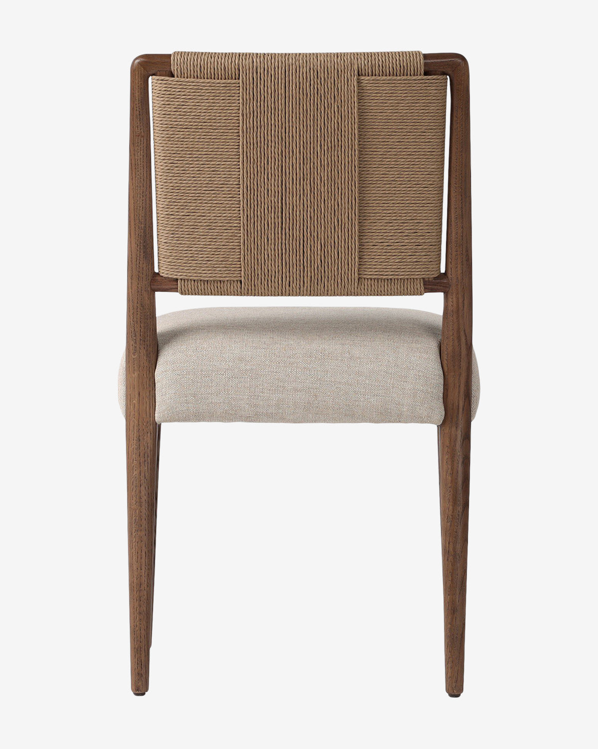 The Leola Dining Chair is made of oak with a beige upholstered seat and a backrest featuring woven rope panels, shown from the back against a plain white background by McGee & Co.