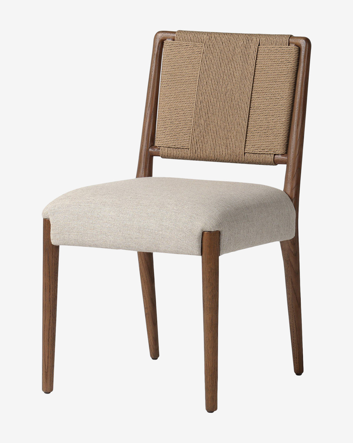 The Leola Dining Chair features a modern oak wooden frame, a light beige upholstered seat, and a backrest with woven rush accents for a minimalist, contemporary look, by McGee & Co.