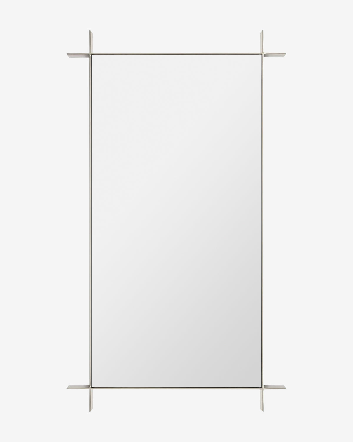 The Levon Wall Mirror is a modern rectangular wall mirror with a slim silver stainless steel frame and four metal accent pieces at the corners, set against a plain white background by McGee & Co.