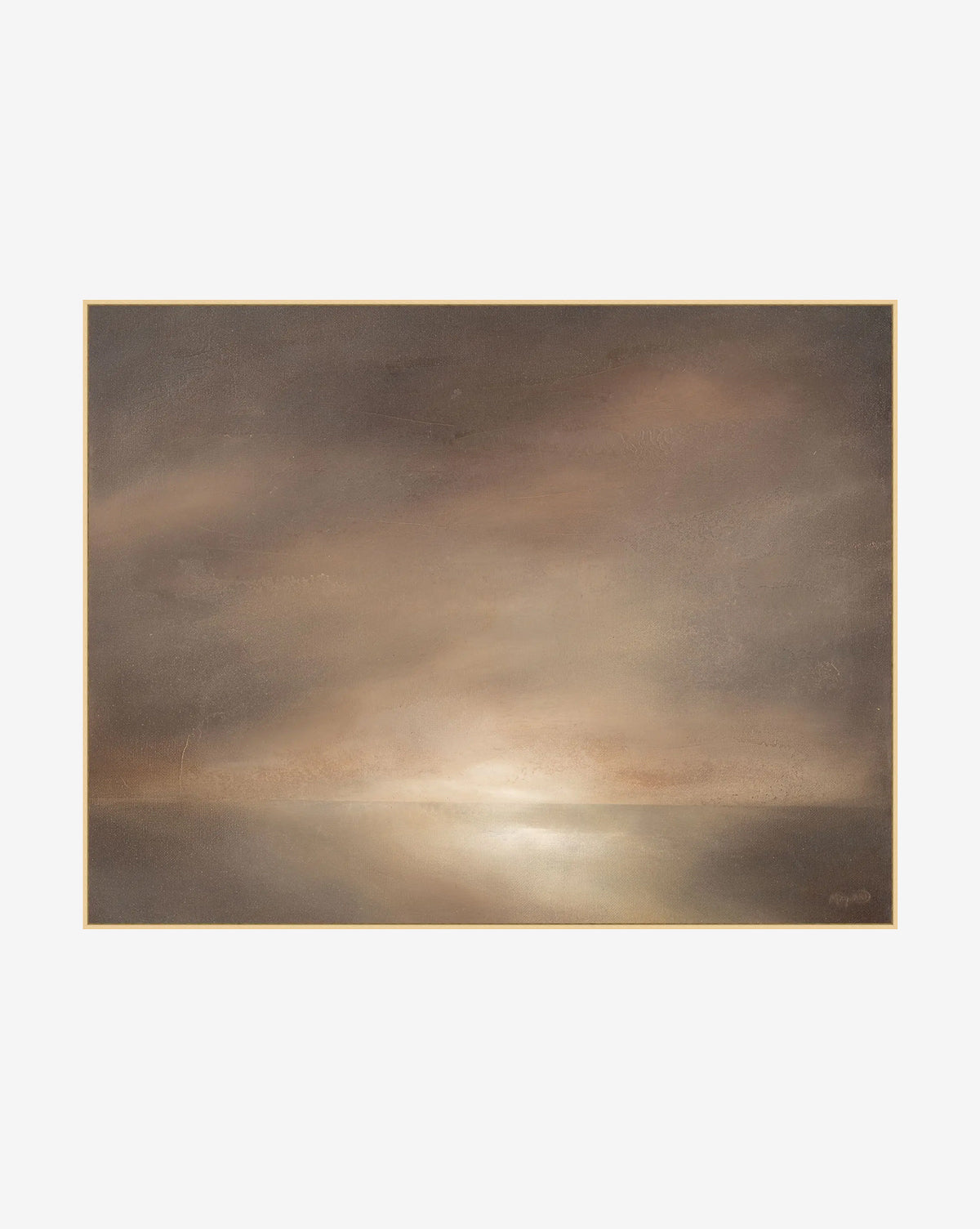 “Light Winning” by Larry Maynard is a soft, hazy landscape painting featuring gentle brown and beige tones with glowing light on calm water under a cloudy sky—ideal as giclée on canvas to bring tranquility to any space, by McGee & Co.