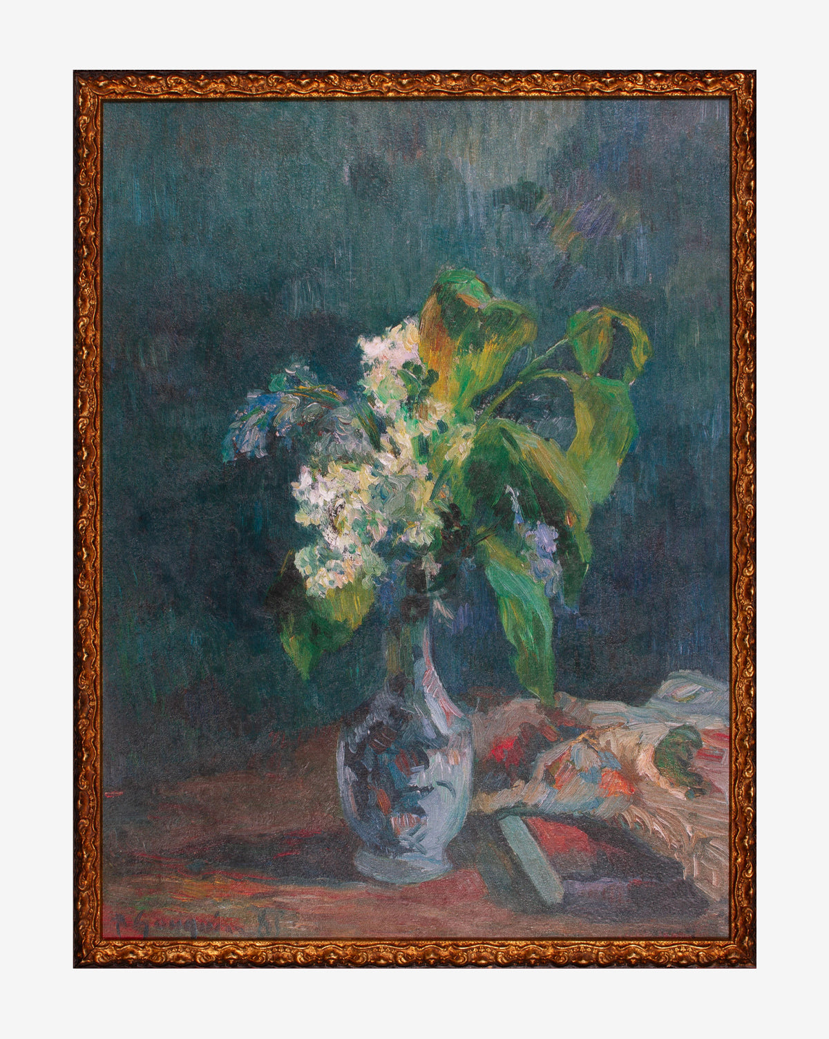 Lilac in a Vase is a gallery-quality framed painting featuring white and purple lilacs with green leaves arranged on a table, with petals scattered beside the vase against a dark, textured background, by McGee & Co.