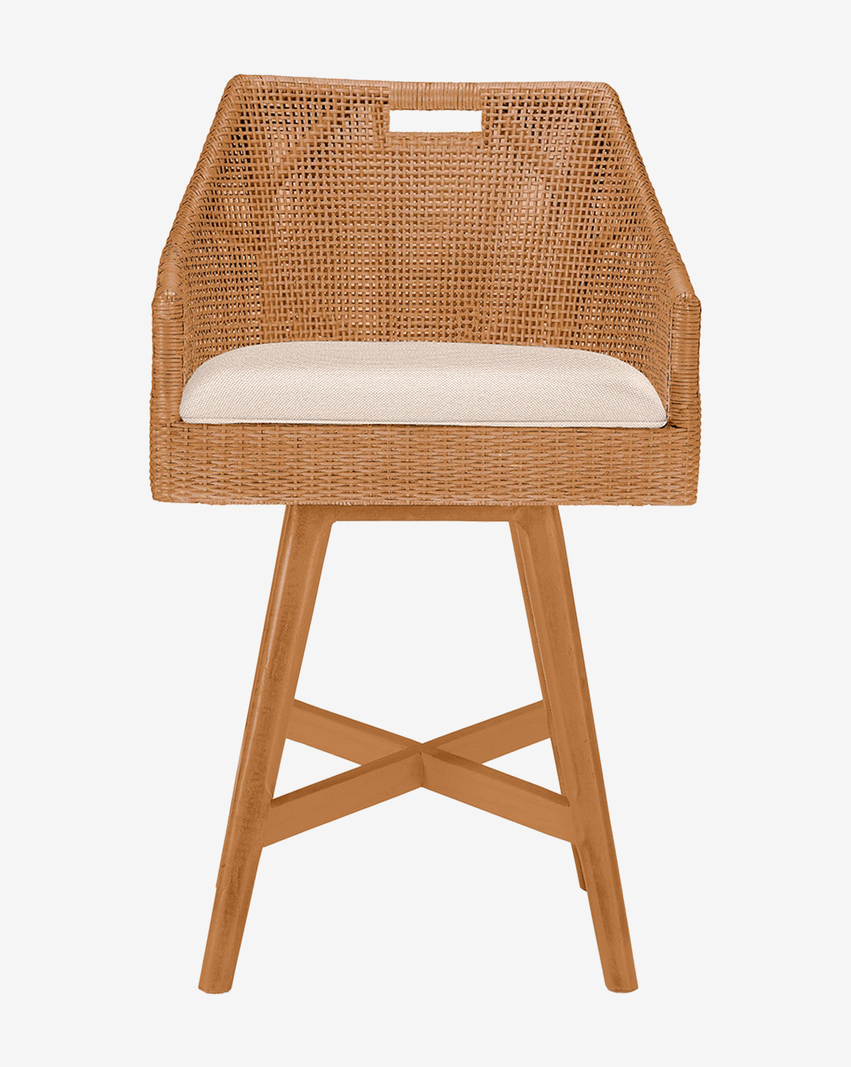 The Lilian Counter Stool by Made Goods features a rattan square backrest, open weave design, beige upholstered seat, and wooden legs with crisscross supports by McGee & Co.