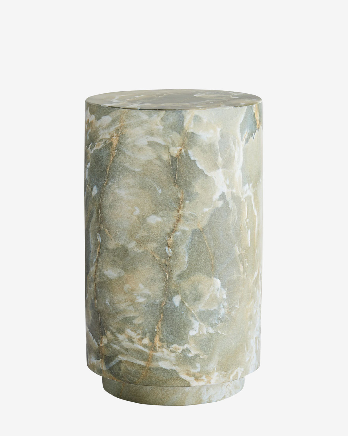 The Lilibet Accent Table is a sculptural accent piece with a cylindrical shape, crafted from green and beige marble highlighted by natural veining, set against a plain white background by McGee & Co.