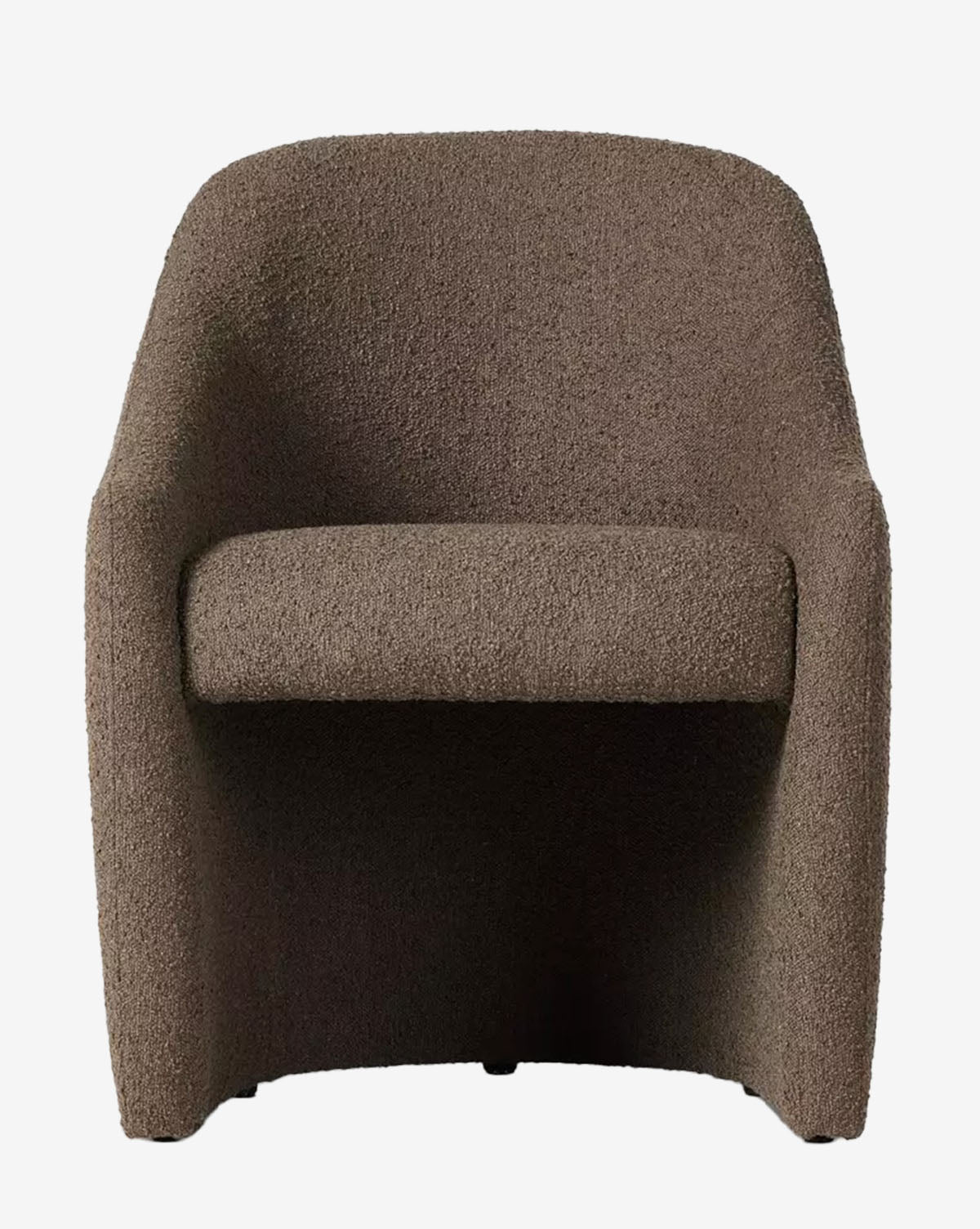 The Lilou Dining Chair, shown from the front against a plain white background, features a modern design with curved arms and brown textured performance fabric, by McGee & Co.