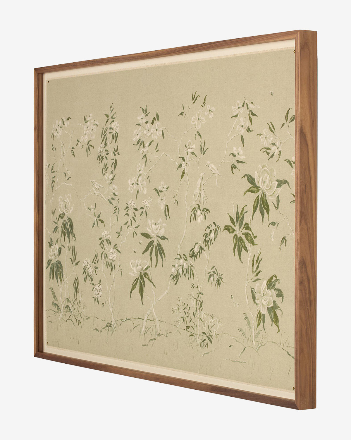 Linen Chinoiserie by Laurel-Dawn Latshaw features green and white botanical art with leafy branches and flowers on a beige background, offering a modern take on classic chinoiserie for elegant home decor, by McGee & Co.