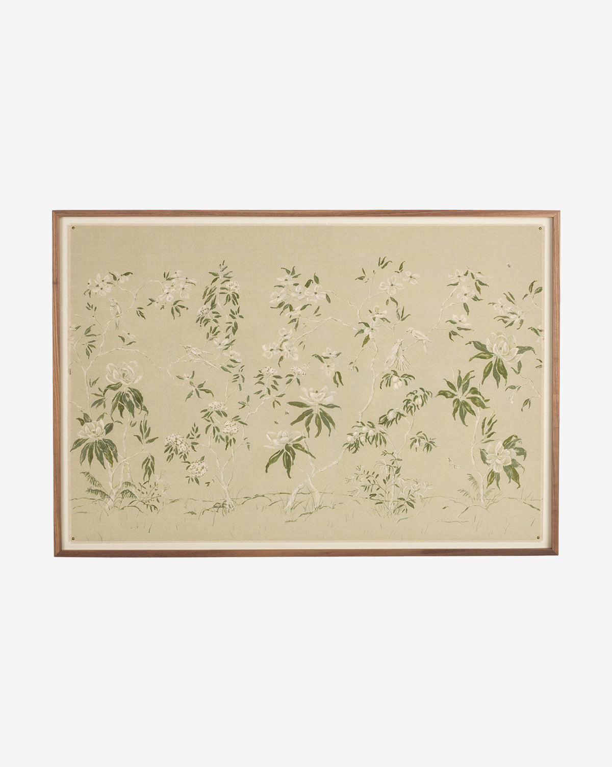 Linen Chinoiserie by Laurel-Dawn Latshaw is framed artwork featuring minimalist green and light brown foliage on a beige background, adding subtle, natural charm and modern elegance to any decor, by McGee & Co.