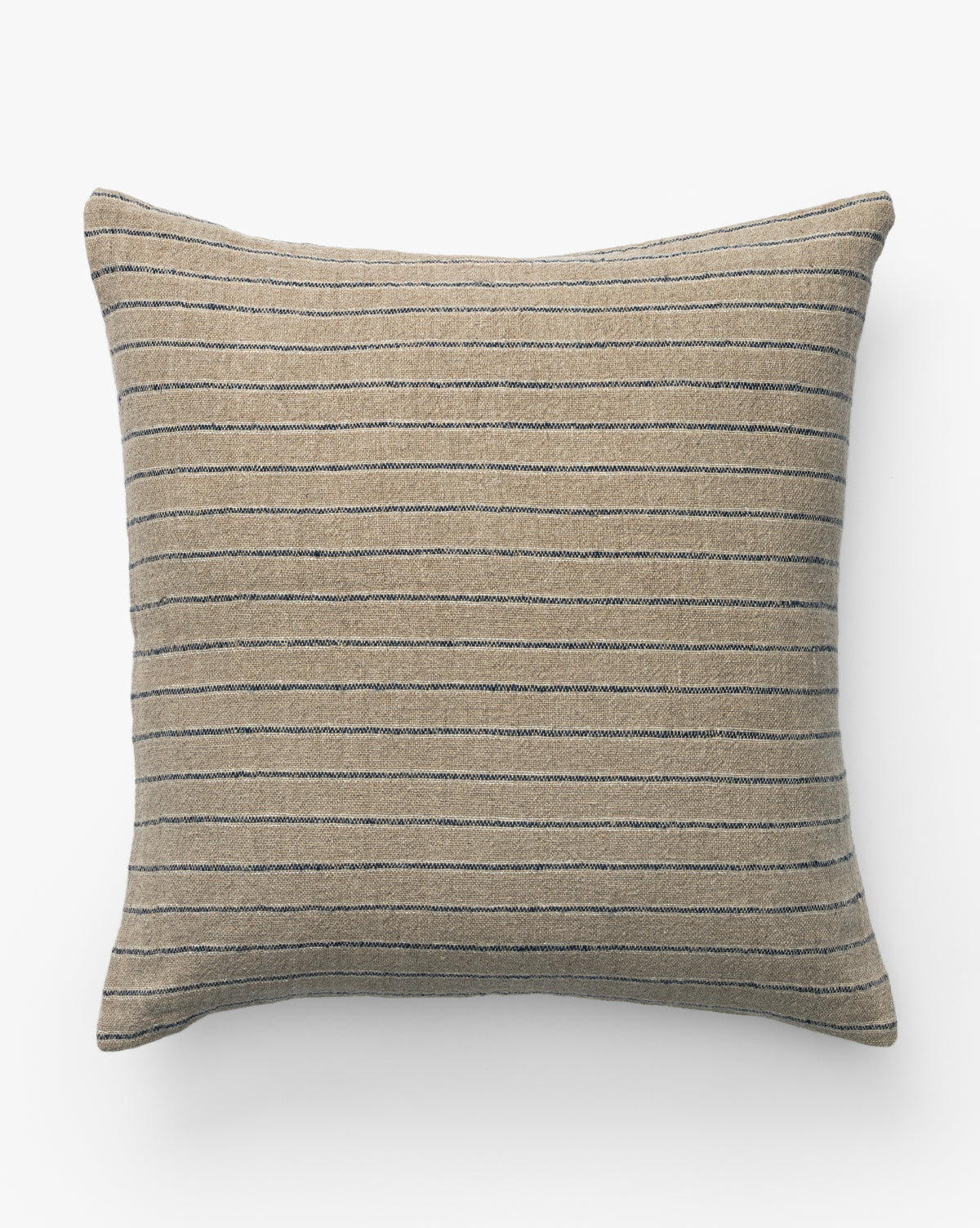The Lochaven Striped Pillow Cover features a rectangular beige design with thin, evenly spaced horizontal dark stripes, crafted from undyed linen for an organic texture and shown on a plain white background by McGee & Co.