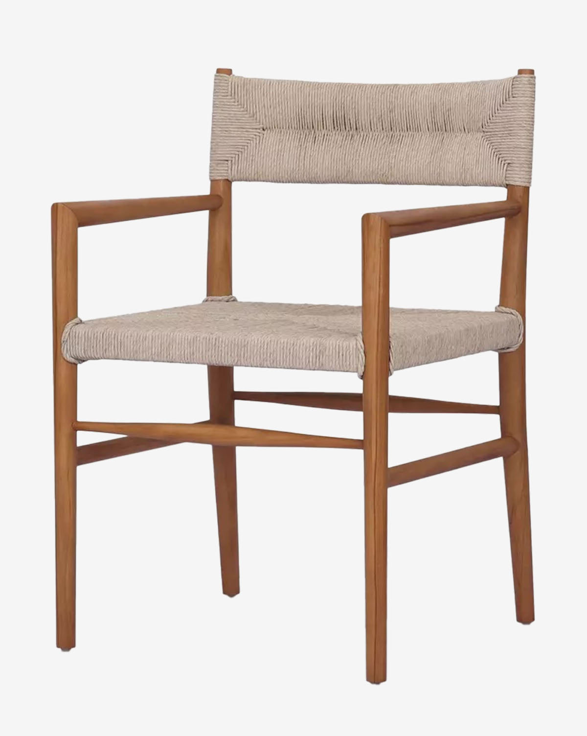 The Lockridge Outdoor Arm Chair features a modern teak frame with woven beige seat and backrest, offering minimalist, contemporary style for comfortable relaxation indoors or outdoors, by McGee & Co.