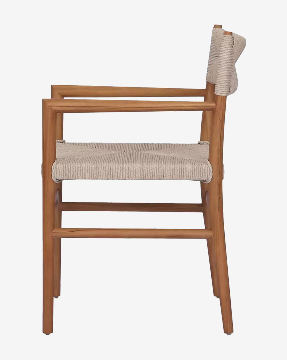 Side view of the Lockridge Outdoor Arm Chair featuring a sturdy teak frame with light beige woven wicker seat and backrest, set against a plain white background by McGee & Co.