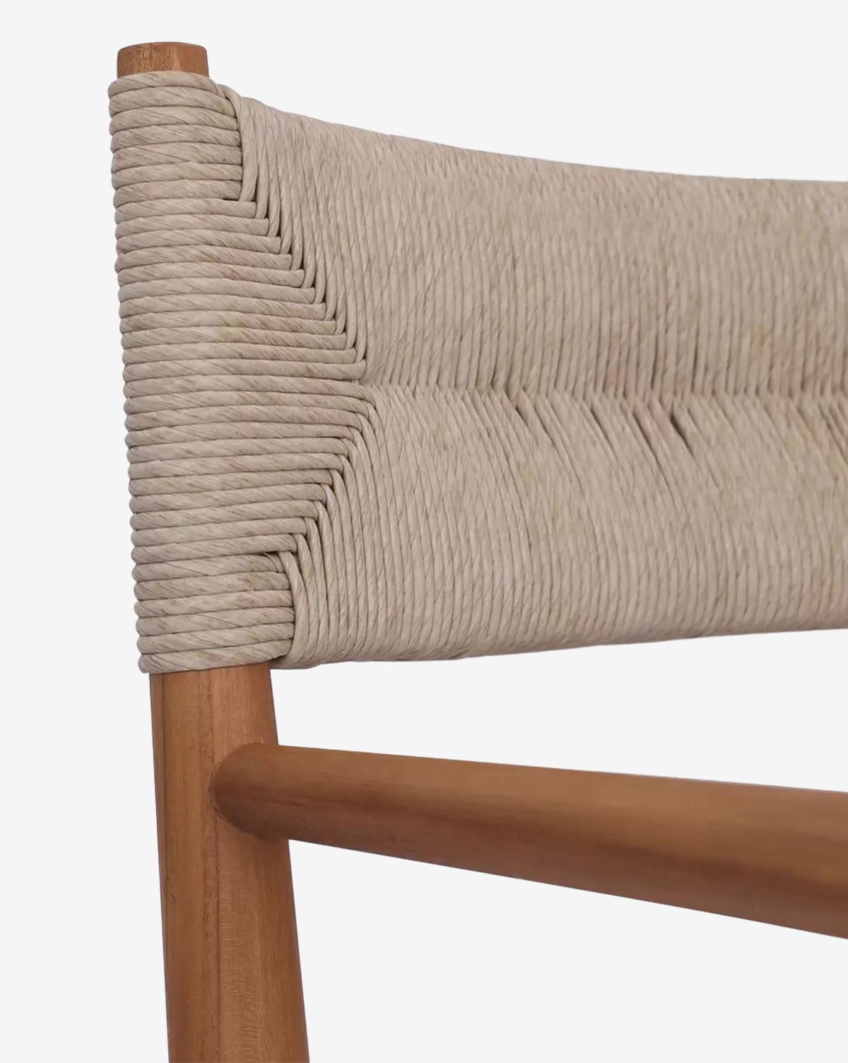 Close-up of the Lockridge Outdoor Arm Chair backrest, showcasing tightly woven beige cord and a teak frame with a smooth, natural finish, by McGee & Co.