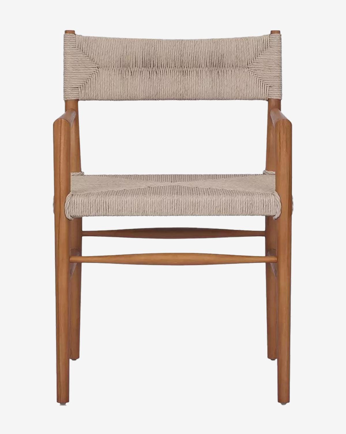 The Lockridge Outdoor Arm Chair features a minimalist design with a light brown teak frame and wicker seat and backrest, shown from the front against a plain white background, by McGee & Co.