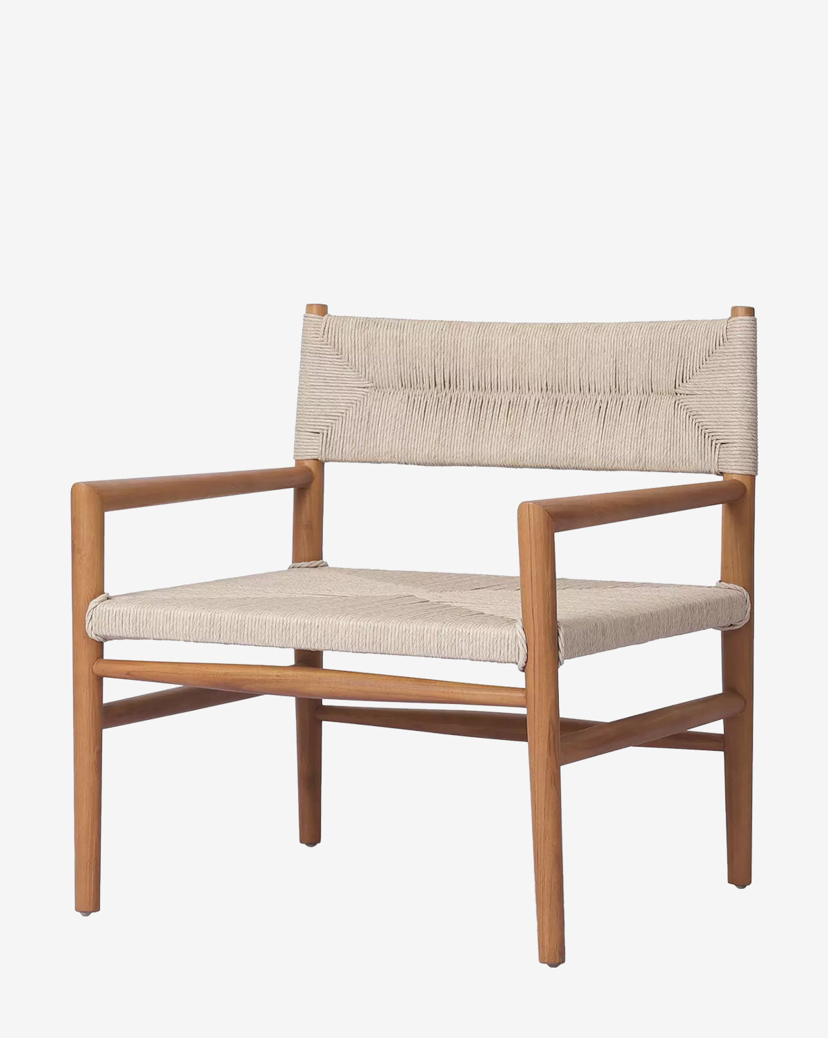 The Lockridge Outdoor Chair features a modern design with a teak frame and woven beige seat and backrest, displayed against a plain white background by McGee & Co.