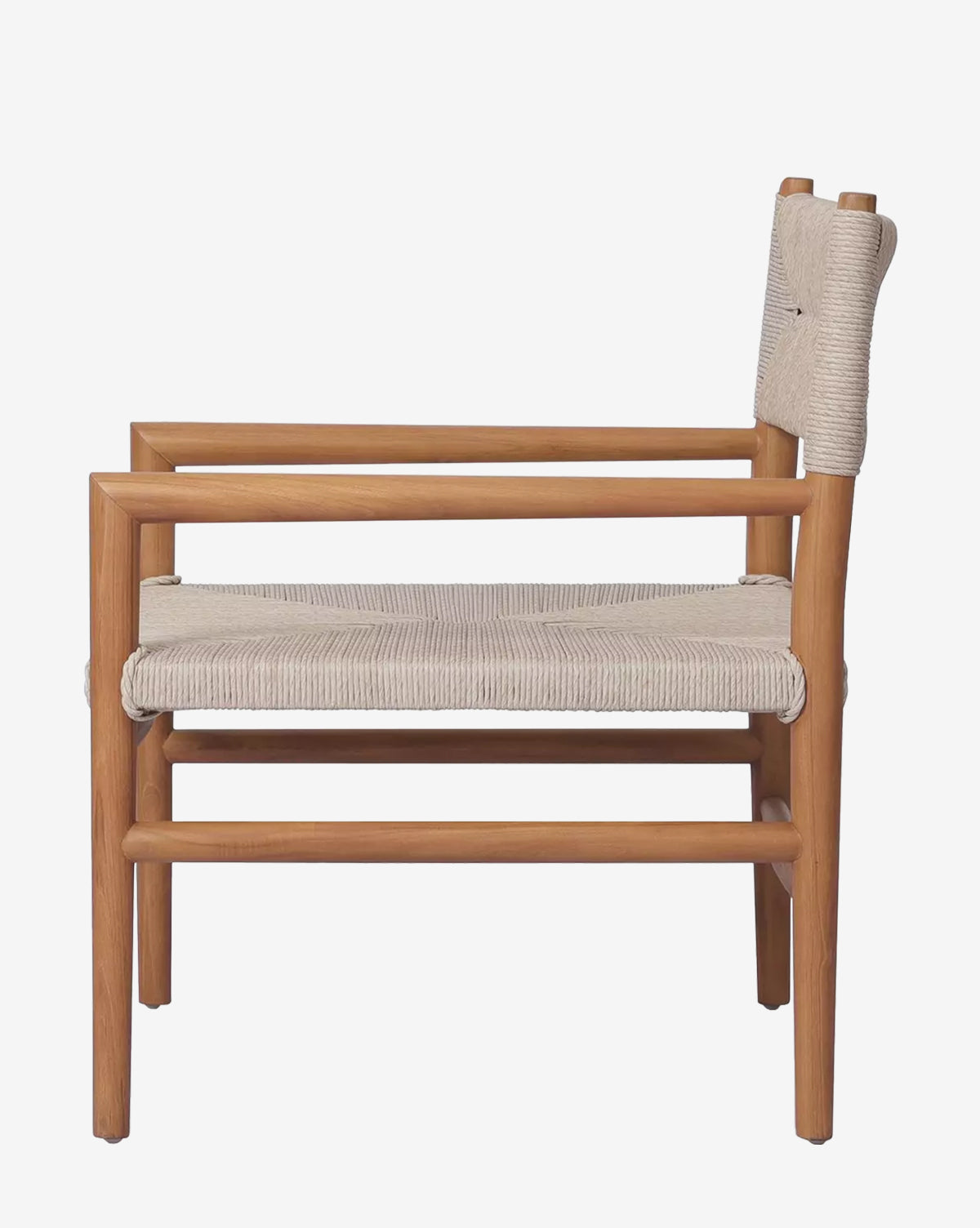 Side view of the Lockridge Outdoor Chair with a teak frame, light beige woven seat and backrest, clean lines, minimalist design, and no armrests, by McGee & Co.
