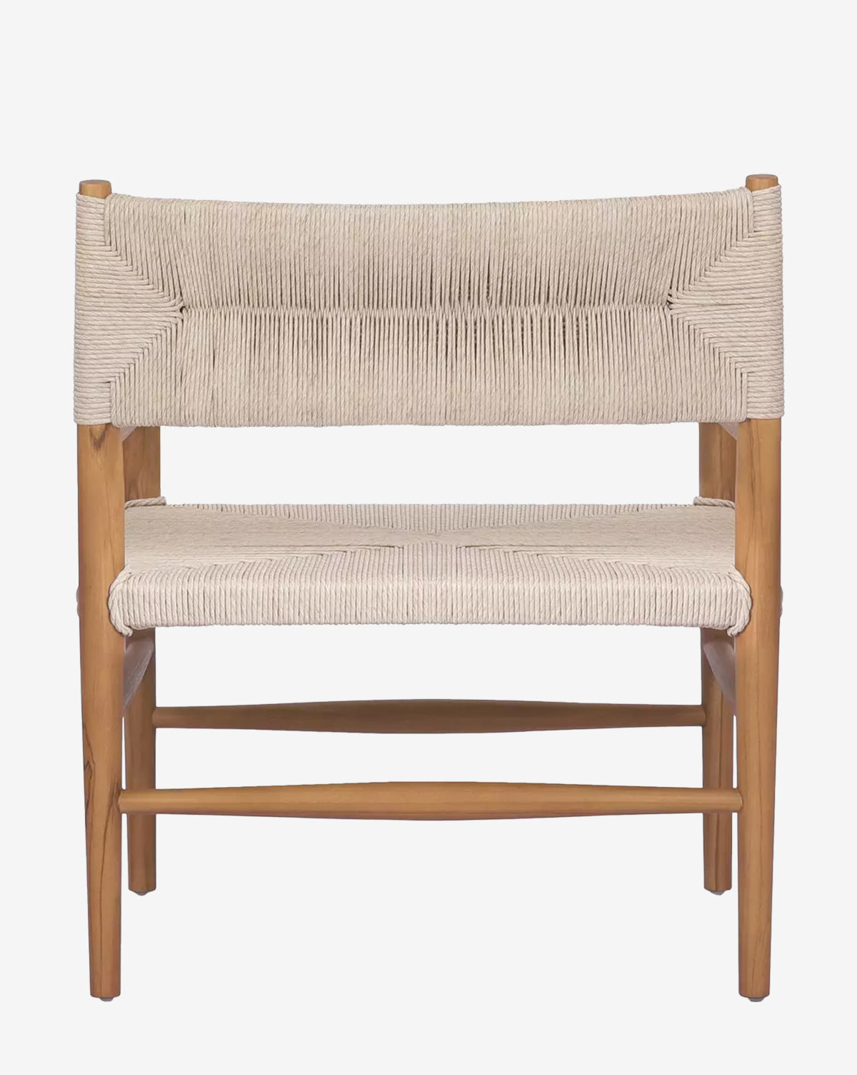 The Lockridge Outdoor Chair features a sturdy teak frame, woven rope seat and backrest, clean lines, and minimalist Scandinavian design, by McGee & Co. Shown against a plain white background, by McGee & Co.