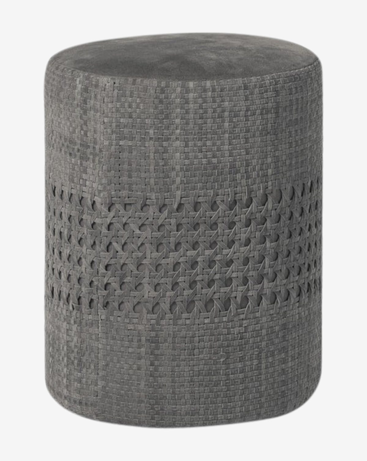 The Longmont Suede Ottoman is a round, gray suede piece featuring a hand-woven texture and an open-weave decorative band around the middle. Its smooth, flat top provides extra seating in a stylish cylindrical design by McGee & Co.