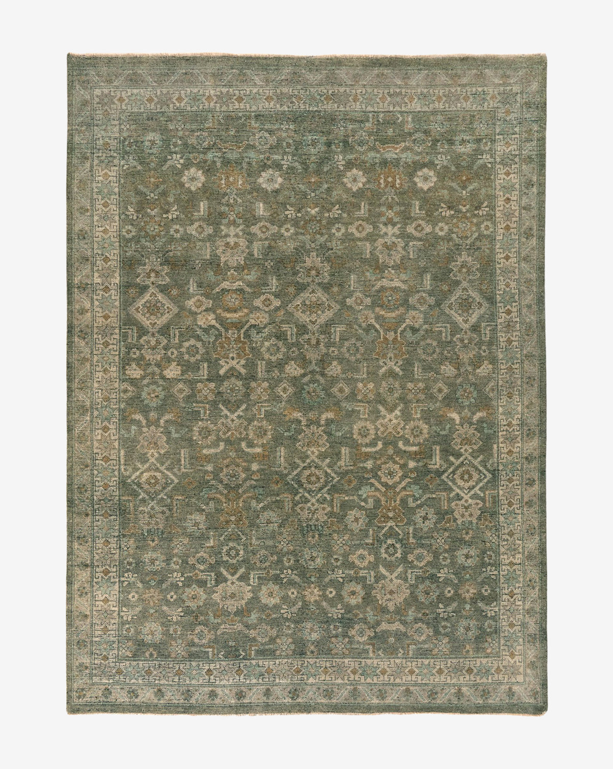 The Loreo Hand-Knotted Wool Rug is a rectangular rug featuring an intricate, traditional pattern in muted green, beige, and brown, with a decorative border and geometric motifs throughout, by McGee & Co.