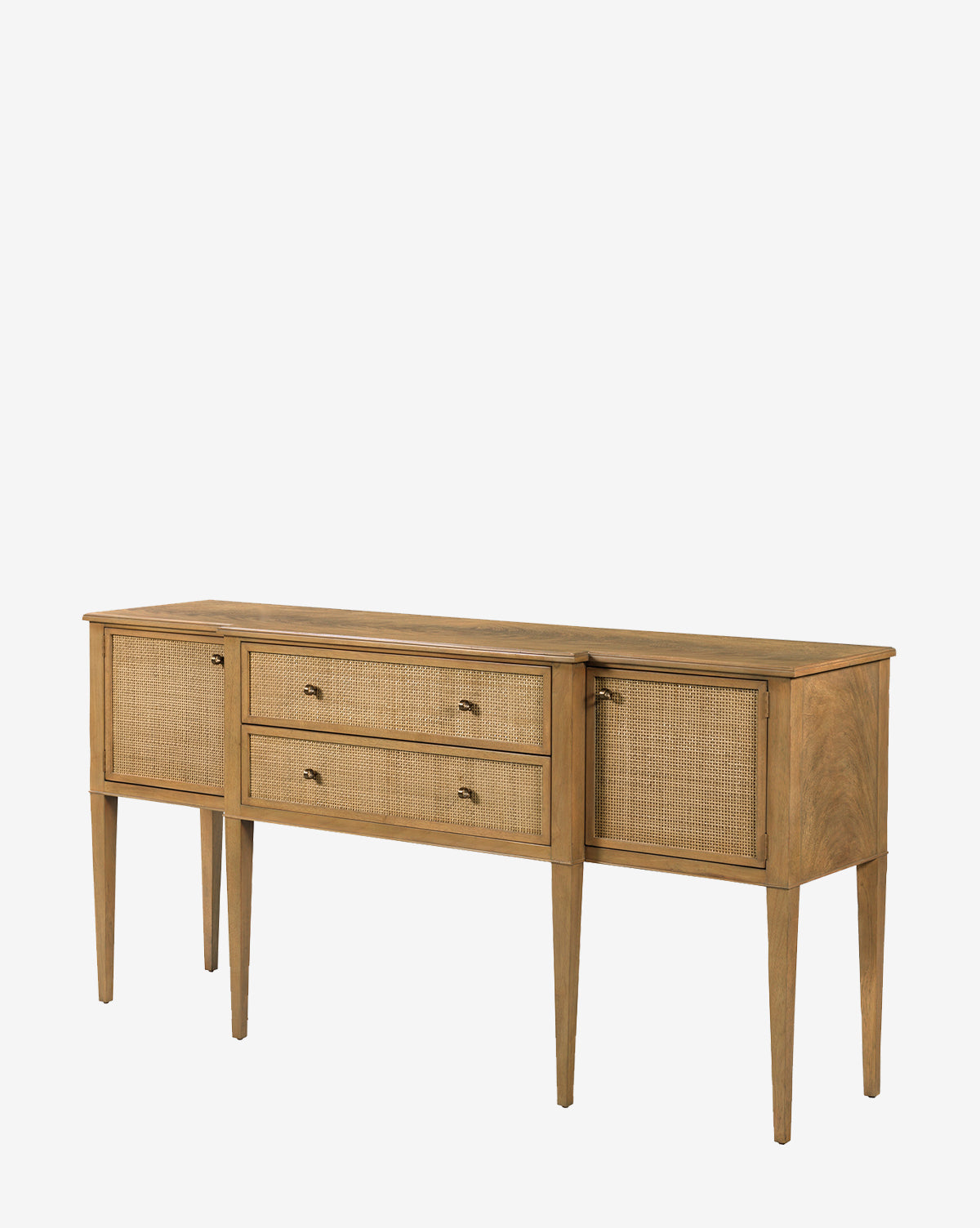The Lowie Buffet is a wooden sideboard with four tapered legs, two central drawers, and two side cabinets. Its natural cane drawer and cabinet fronts evoke a rustic, traditional buffet style. Shown on a plain white background by McGee & Co.