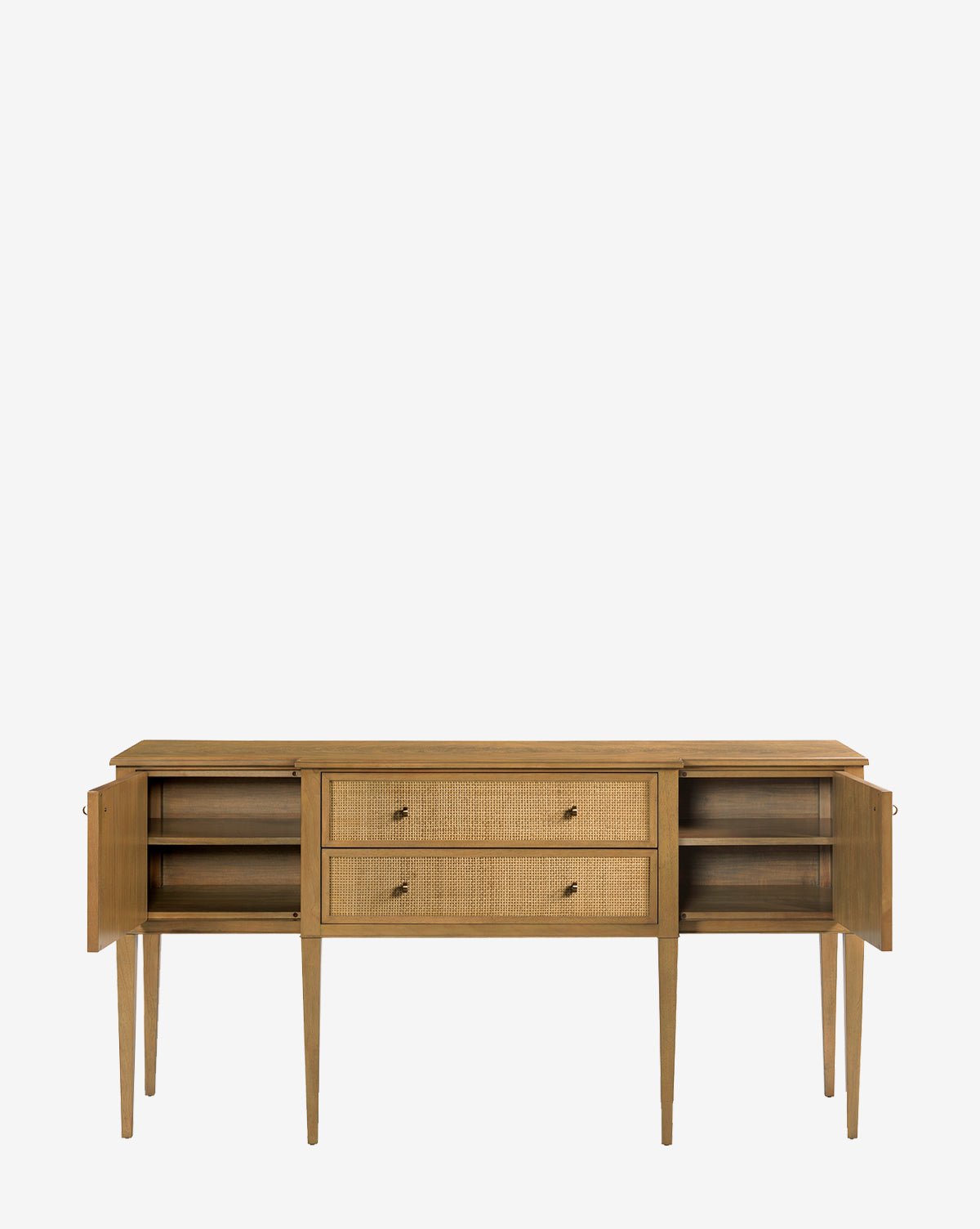 The Lowie Buffet is a wooden sideboard inspired by Italian design, featuring four tapered legs, two central drawers with woven rattan fronts and round metal knobs, plus two side cabinets with shelves inside, by McGee & Co.