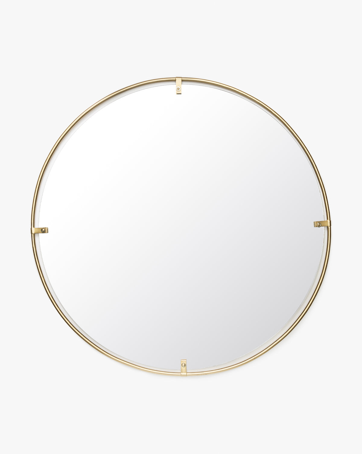 The Lucas Round Tube Mirror features a thin gold-colored metal frame and four evenly spaced small brackets, showcased against a plain white background, by McGee & Co.