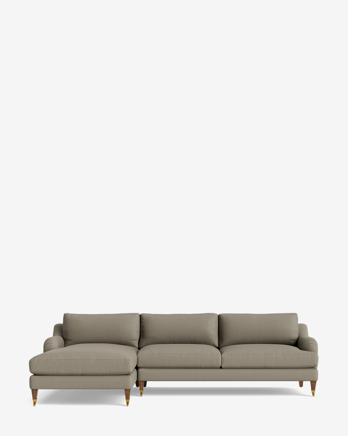 The Lucille English Roll Arm Left Chaise Sectional 107 in light gray features three seat cushions, a left-facing chaise, and wooden legs with brass caps, all set against a plain white background, by McGee & Co.