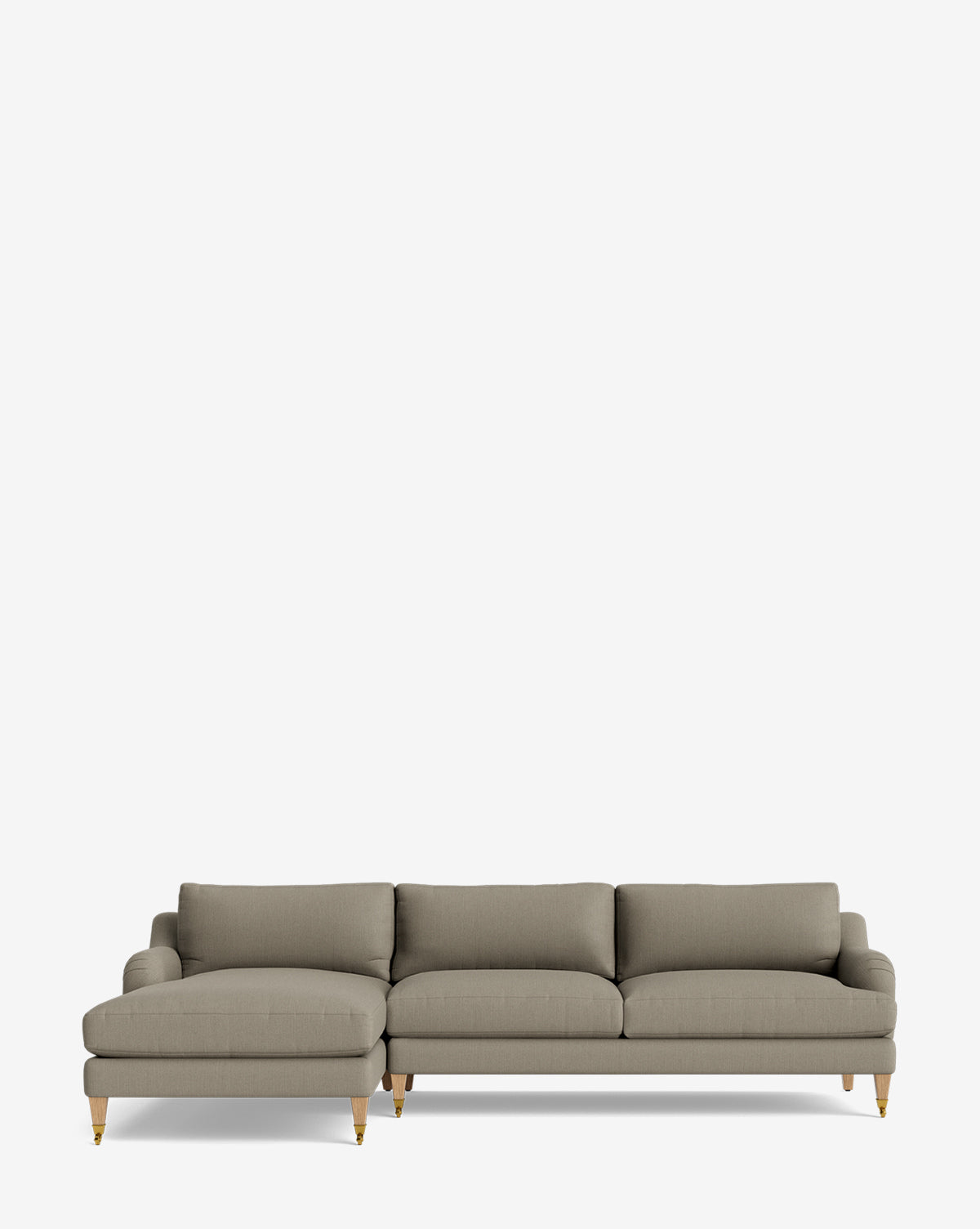 The Lucille English Roll Arm Left Chaise Sectional 107 features a modern light gray design with three seat cushions, a left-facing chaise lounge, and wooden legs with gold tips, displayed against a plain white background by McGee & Co.