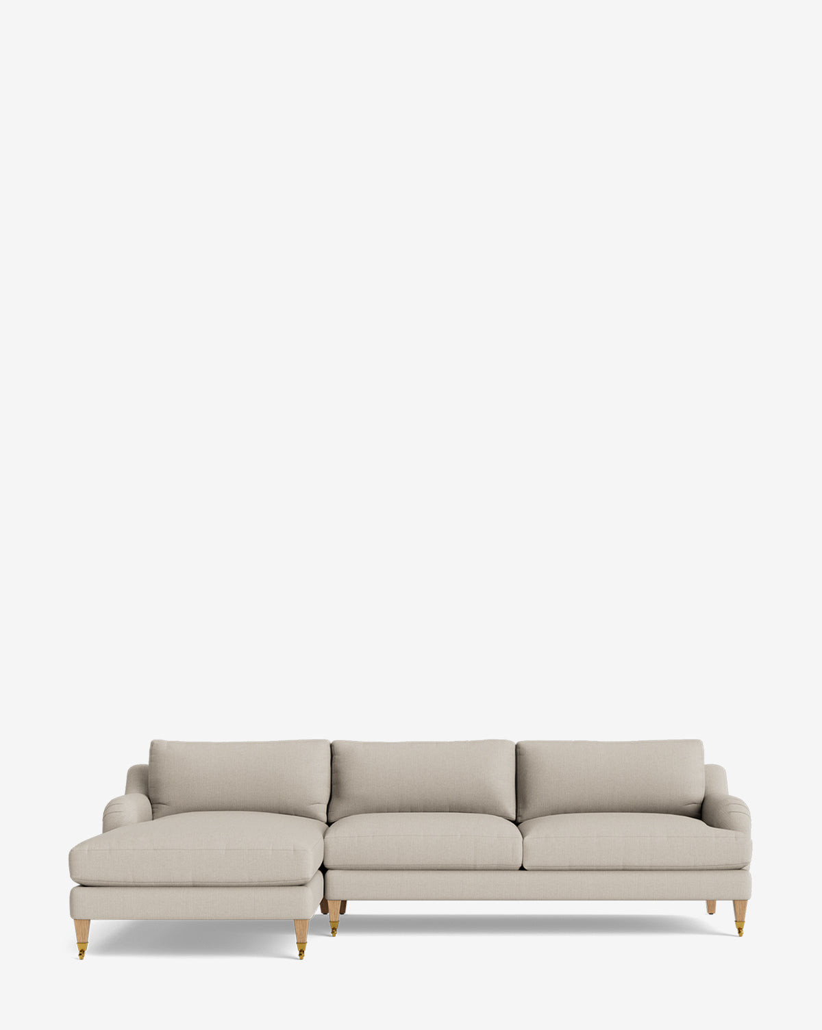 The Lucille English Roll Arm Left Chaise Sectional 107 features light beige upholstery, three seat and back cushions, a left chaise lounge, and wooden legs with gold caps, shown on a plain white background, by McGee & Co.