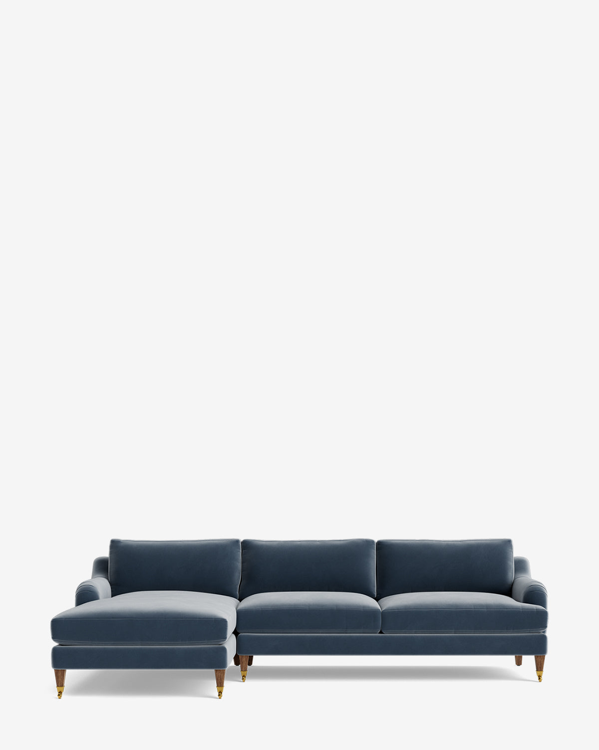 The Lucille English Roll Arm Left Chaise Sectional 107 features a navy blue finish, three seat cushions, English roll armrests, and wooden legs with brass caps, shown against a plain white background by McGee & Co.