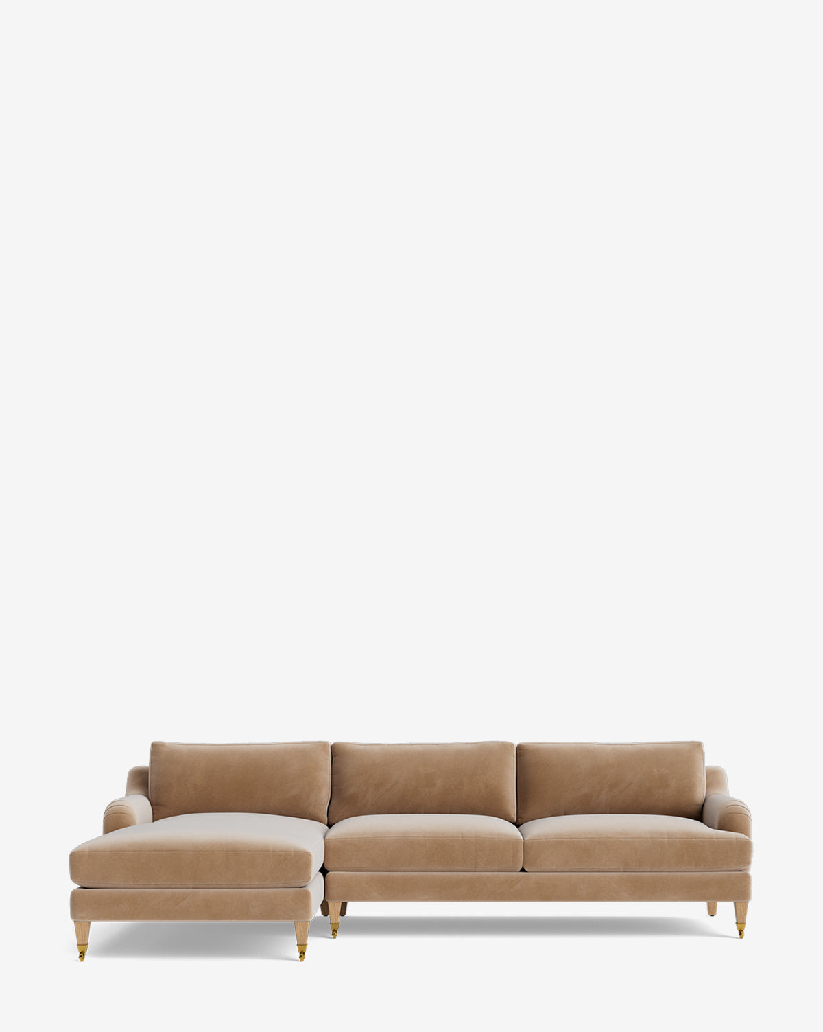 The Lucille English Roll Arm Left Chaise Sectional 107 in beige features three seat cushions, rounded arms, and wooden legs with gold accents, shown against a plain white background by McGee & Co.