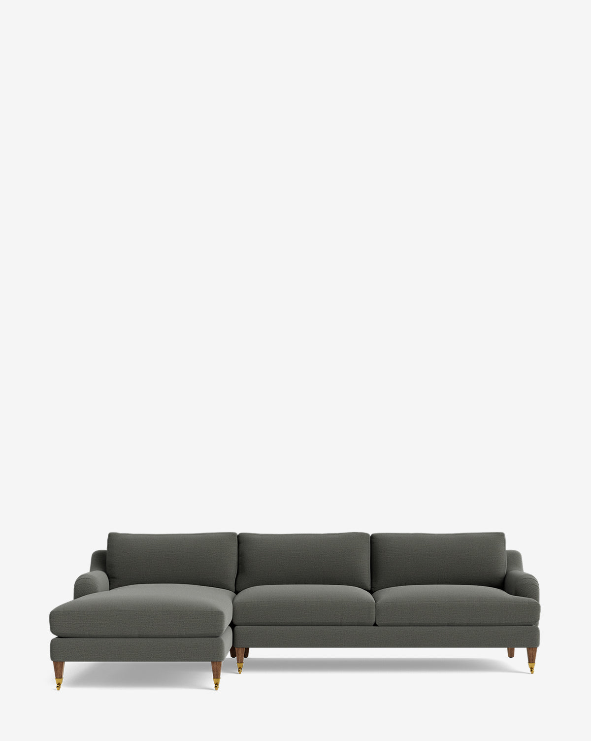 The Lucille English Roll Arm Left Chaise Sectional 107 by Community features dark gray upholstery, down-wrapped cushions, three seat cushions, a left-hand chaise, and wooden legs with gold tips, shown on a plain white background. McGee & Co.
