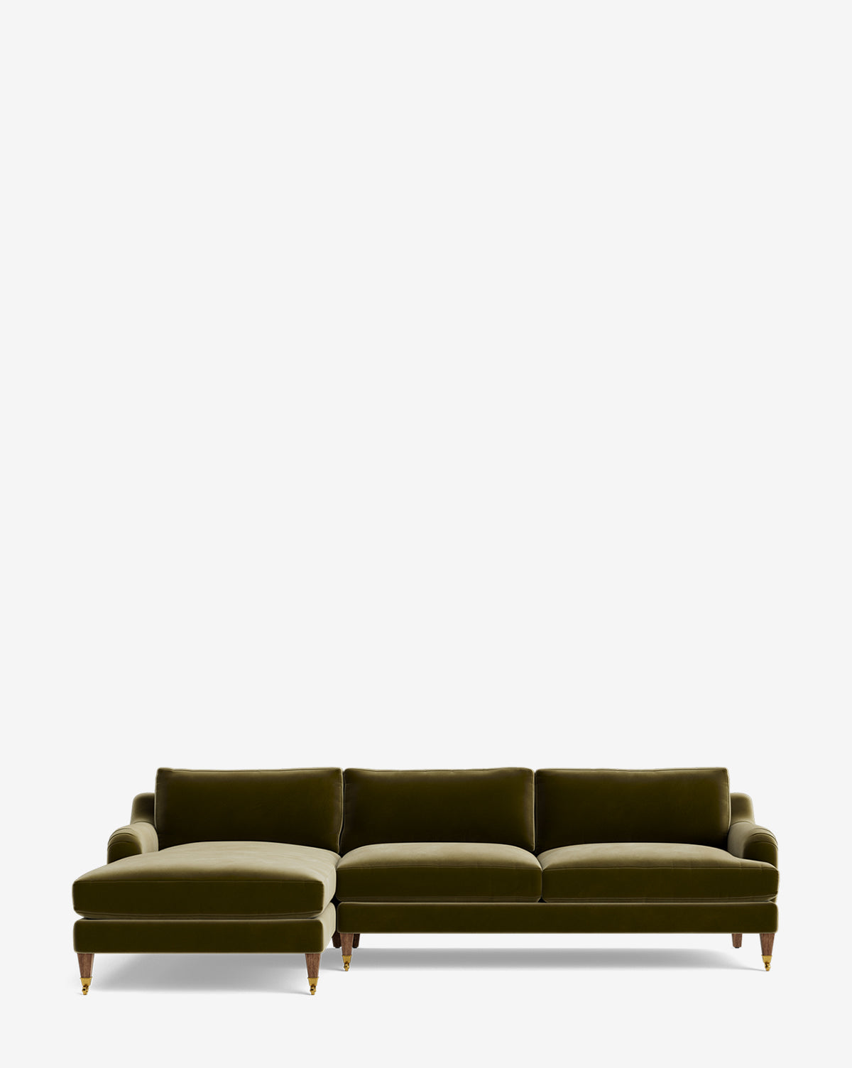 The Lucille English Roll Arm Left Chaise Sectional 107 in green velvet features three seat cushions, classic English roll arms, and wooden legs with gold caster wheels, set against a plain white background by McGee & Co.