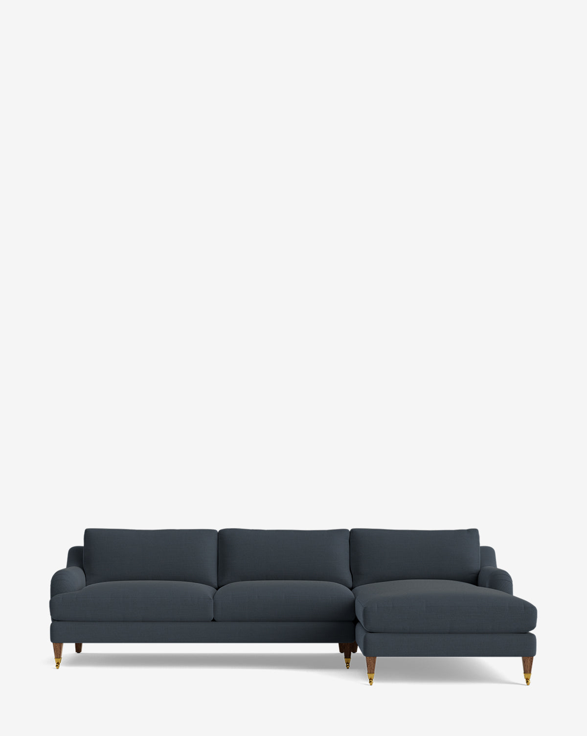 The Community Lucille English Roll Arm Right Chaise Sectional 107 features dark blue upholstery, three down-wrapped seat cushions, a right-side English Roll Arm Chaise, and wooden legs with brass-colored tips against a white background. McGee & Co.