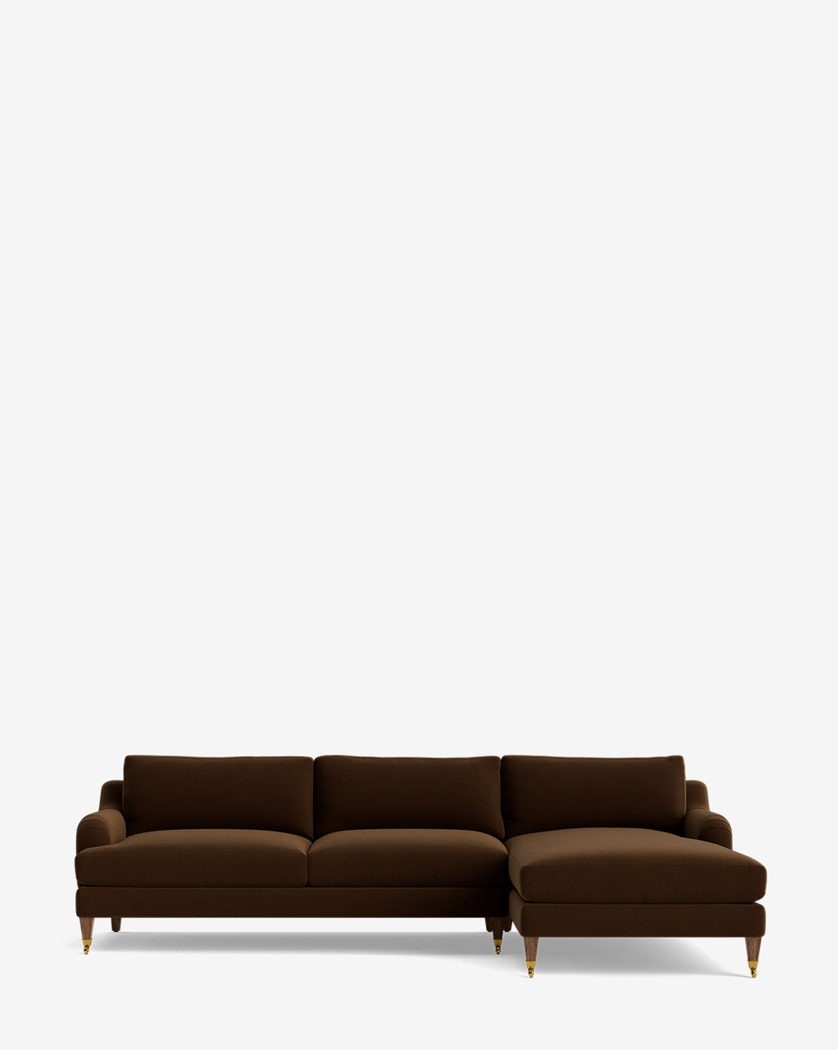 The Lucille English Roll Arm Right Chaise Sectional 107 is a modern, customizable brown sectional featuring a right-facing chaise, down-wrapped cushions, and wooden legs, shown against a plain white background by McGee & Co.