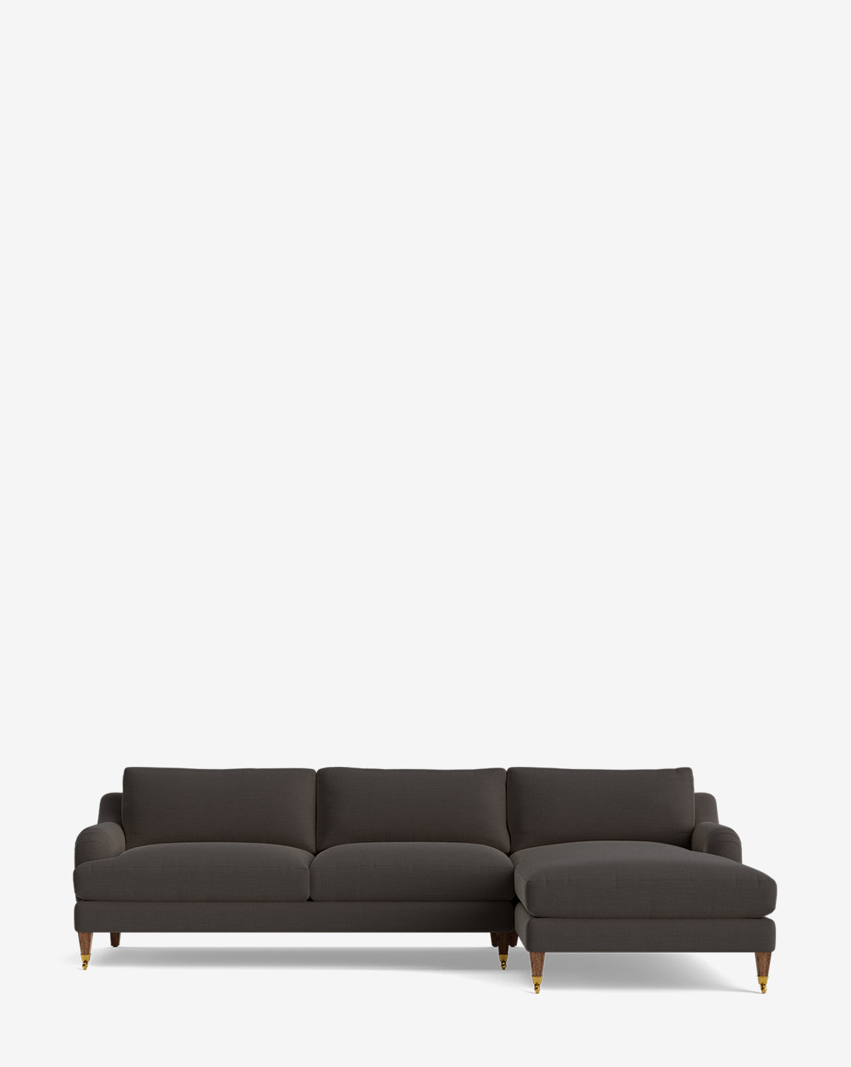 The Community Lucille English Roll Arm Right Chaise Sectional 107 is a dark gray customizable sofa with three down-wrapped cushions and wooden legs with gold-colored caps, shown against a plain white background. McGee & Co.