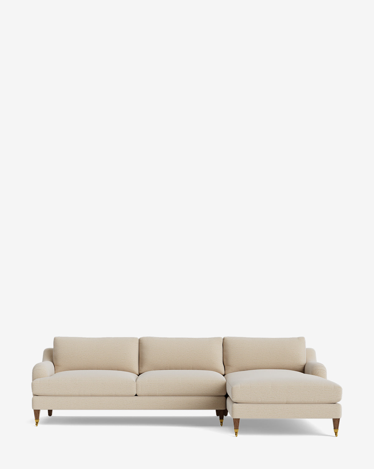 The Community Lucille English Roll Arm Right Chaise Sectional 107 is a customizable L-shaped sofa with down-wrapped cushions, wooden legs with gold tips, three seat cushions, and a right-side chaise, shown against a plain white background. McGee & Co.