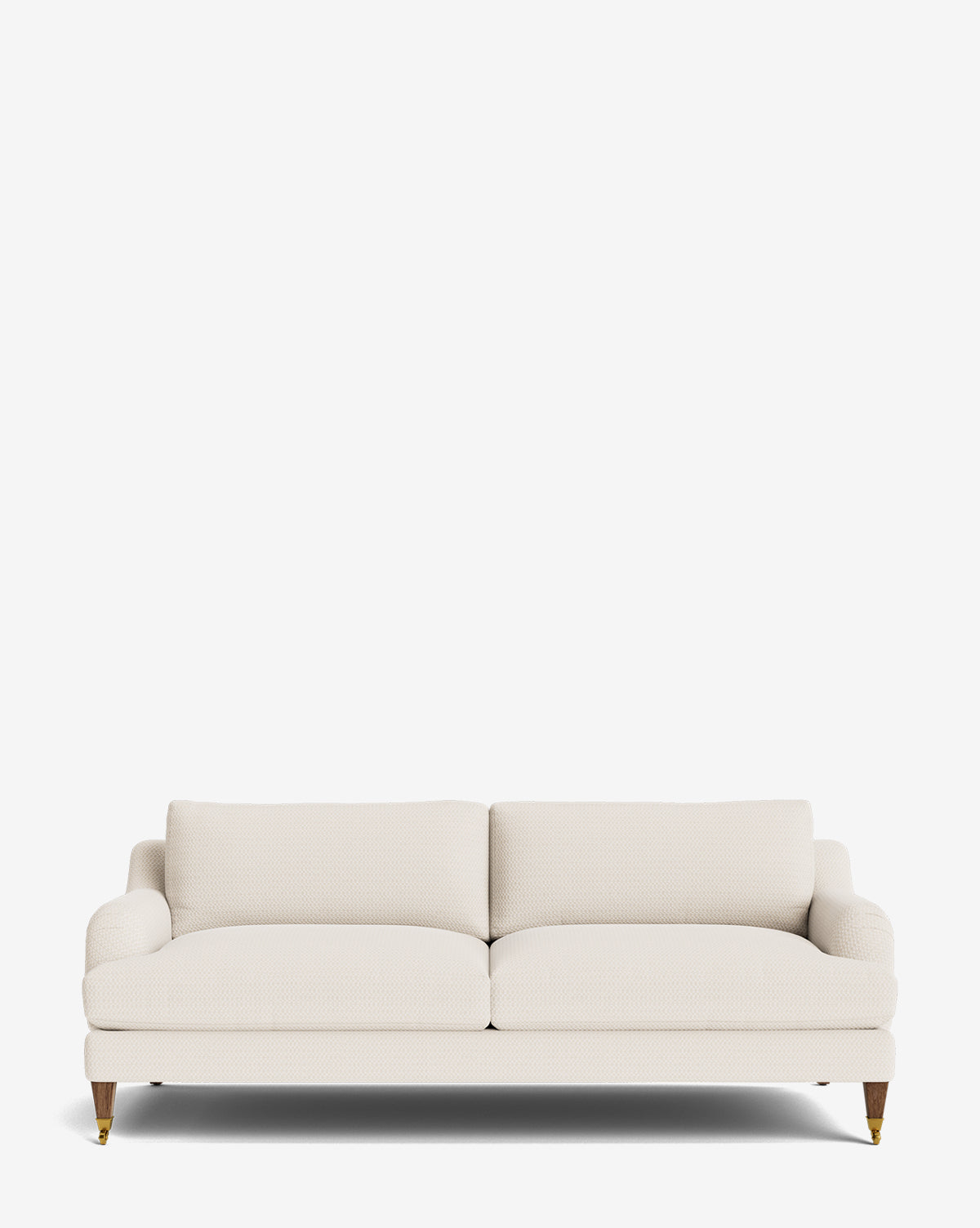 The Lucille English Roll Arm Sofa 78 in off-white upholstery features two down-wrapped seat cushions, two back cushions, and wooden legs with brass tips, shown against a plain white background by McGee & Co.