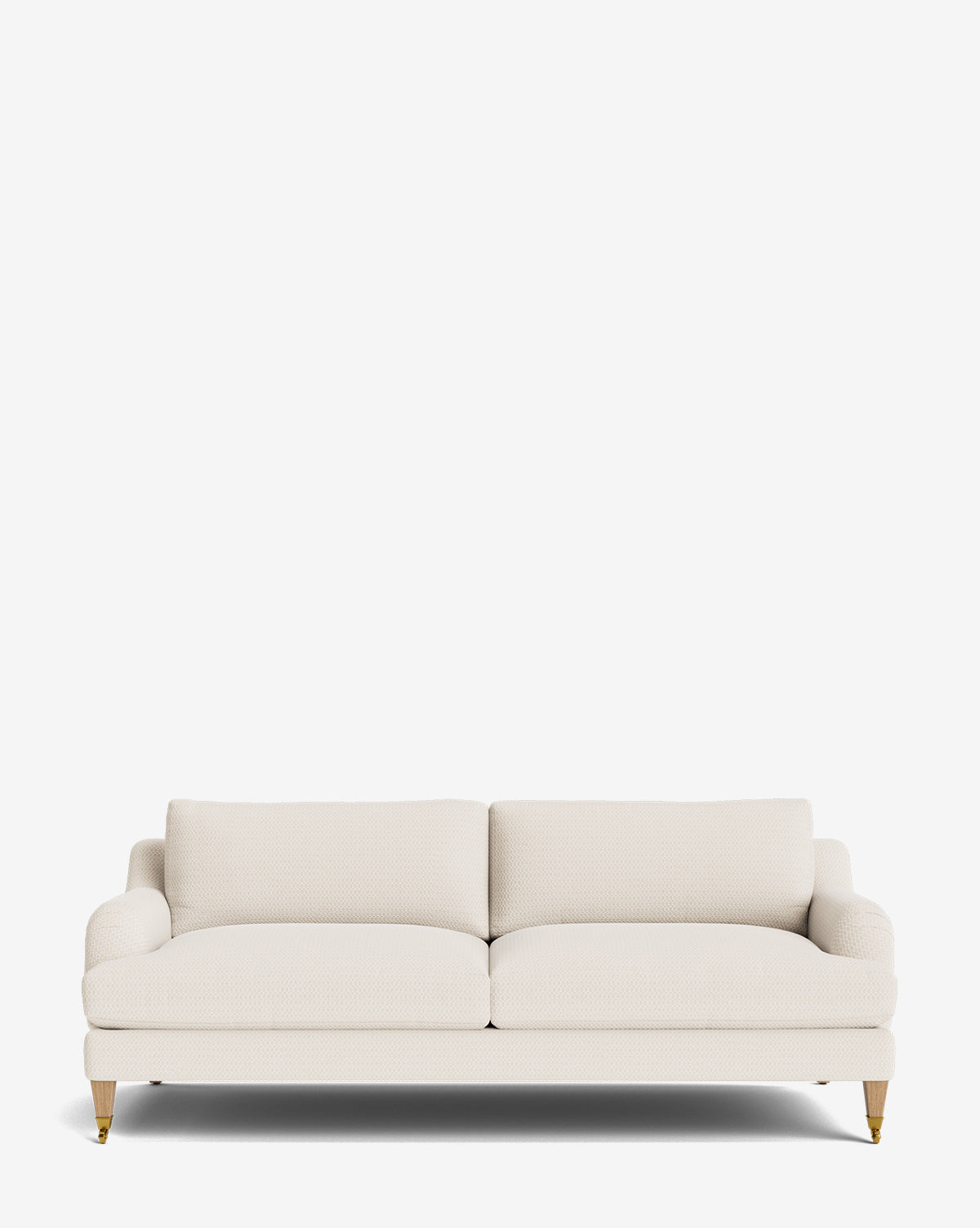 The Lucille English Roll Arm Sofa 78 features a modern off-white design with plush, down-wrapped cushions and wooden legs accented by gold caps, displayed against a plain white background by McGee & Co.