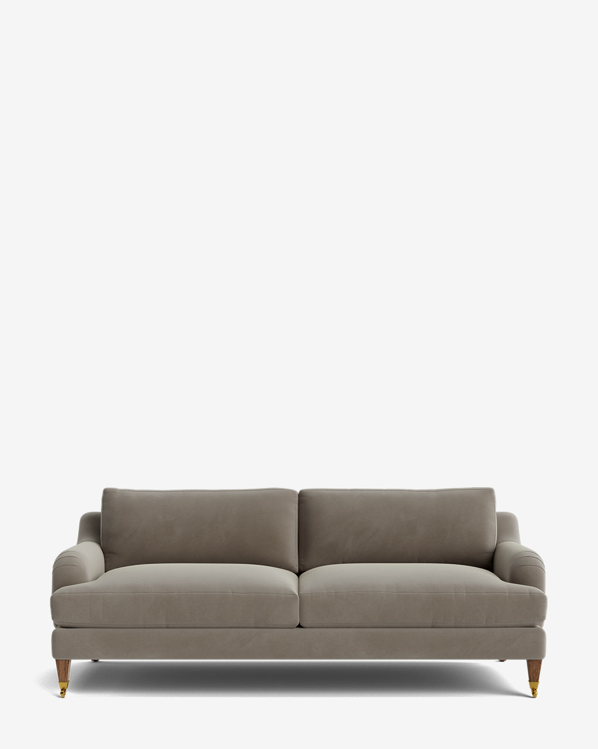 The Lucille English Roll Arm Sofa 78 is a modern, light gray customizable sofa with two seat cushions, down-wrapped cushions, and wooden legs with brass casters, shown against a plain white background by McGee & Co.
