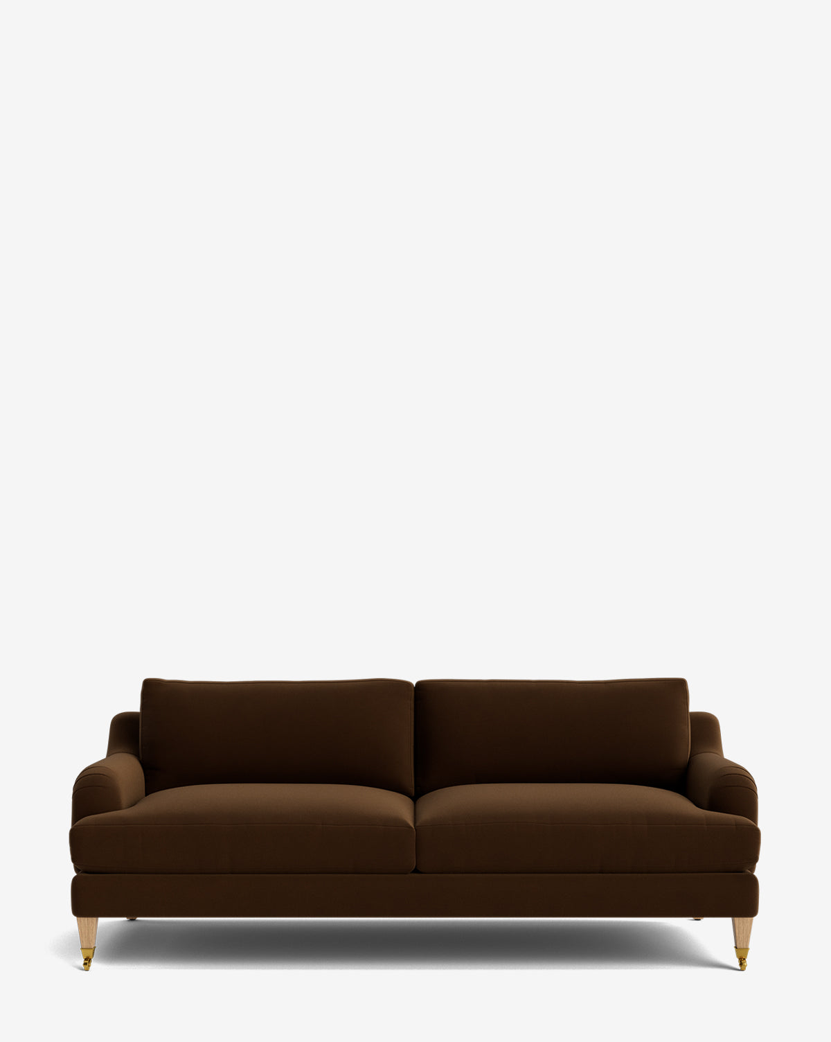 The Lucille English Roll Arm Sofa 78 features two down-wrapped cushions and short wooden legs with gold-tone casters, shown against a plain white background by McGee & Co.