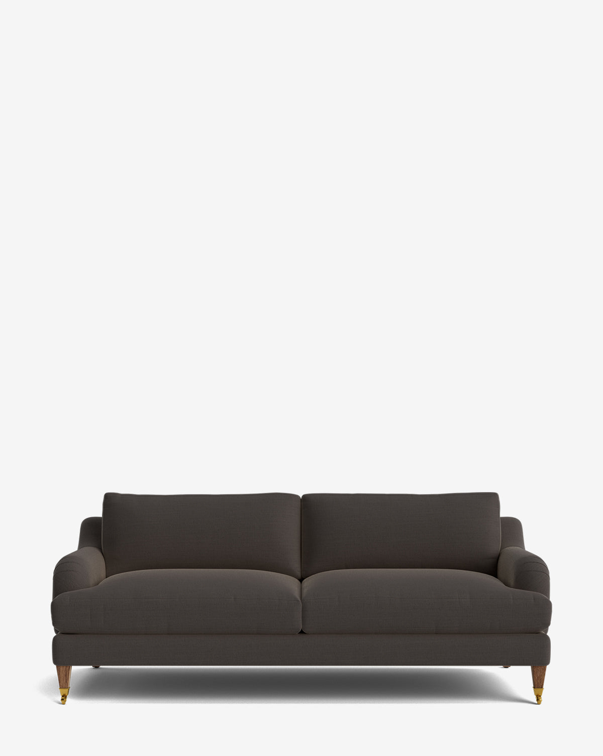 The Lucille English Roll Arm Sofa 78 features a dark gray modern design with down-wrapped two seat cushions, rounded armrests, and wooden legs with brass castors on the front, set against a plain white background by McGee & Co.