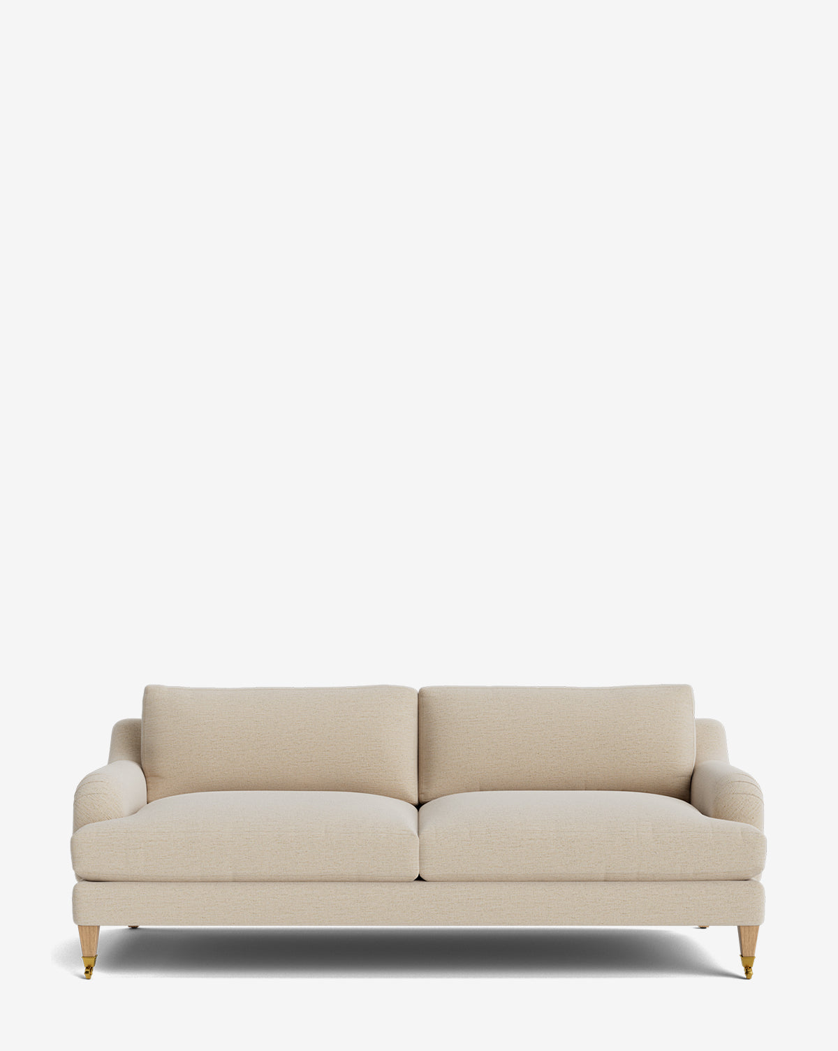 The Lucille English Roll Arm Sofa 78 is a beige, two-seat sofa with plush, down-wrapped cushions, rounded armrests, and wooden legs with gold accents, shown against a plain white background by McGee & Co.