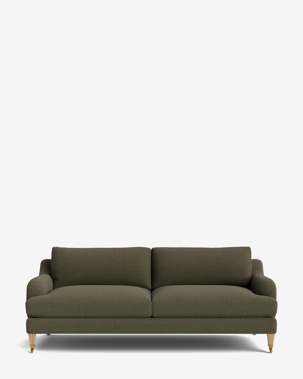 The Lucille English Roll Arm Sofa 78, in modern olive green, features two seat and back cushions, low arms, wooden legs with brass casters, and plush down-wrapped inserts. Customizable design shown against a plain white background by McGee & Co.