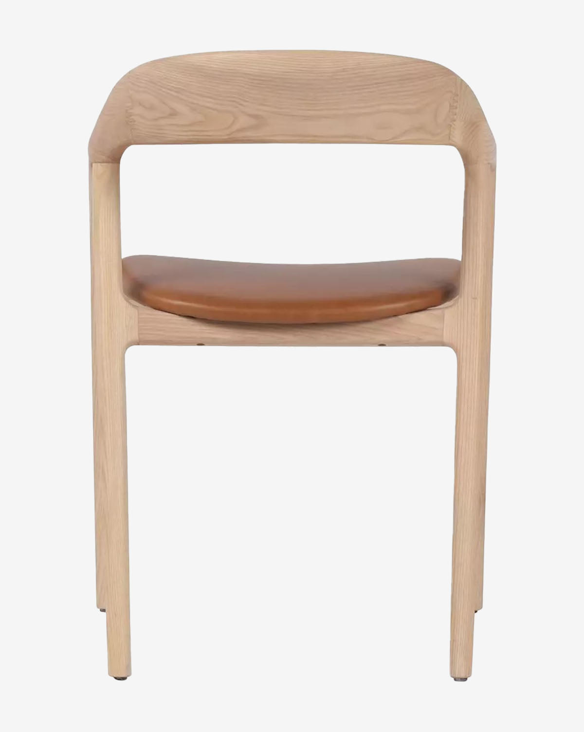 The Lucinda Dining Armchair features modern Scandinavian design, a curved backrest, and a brown top grain leather seat cushion, by McGee & Co. Shown from the front against a plain white background.