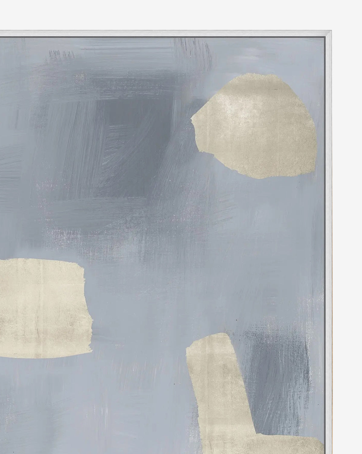 Lulled to Sleep 4 is an abstract giclee print with a light gray-blue background, featuring rough cream shapes and visible brushstrokes. Presented with a thin white frame for a clean, modern look by McGee & Co.