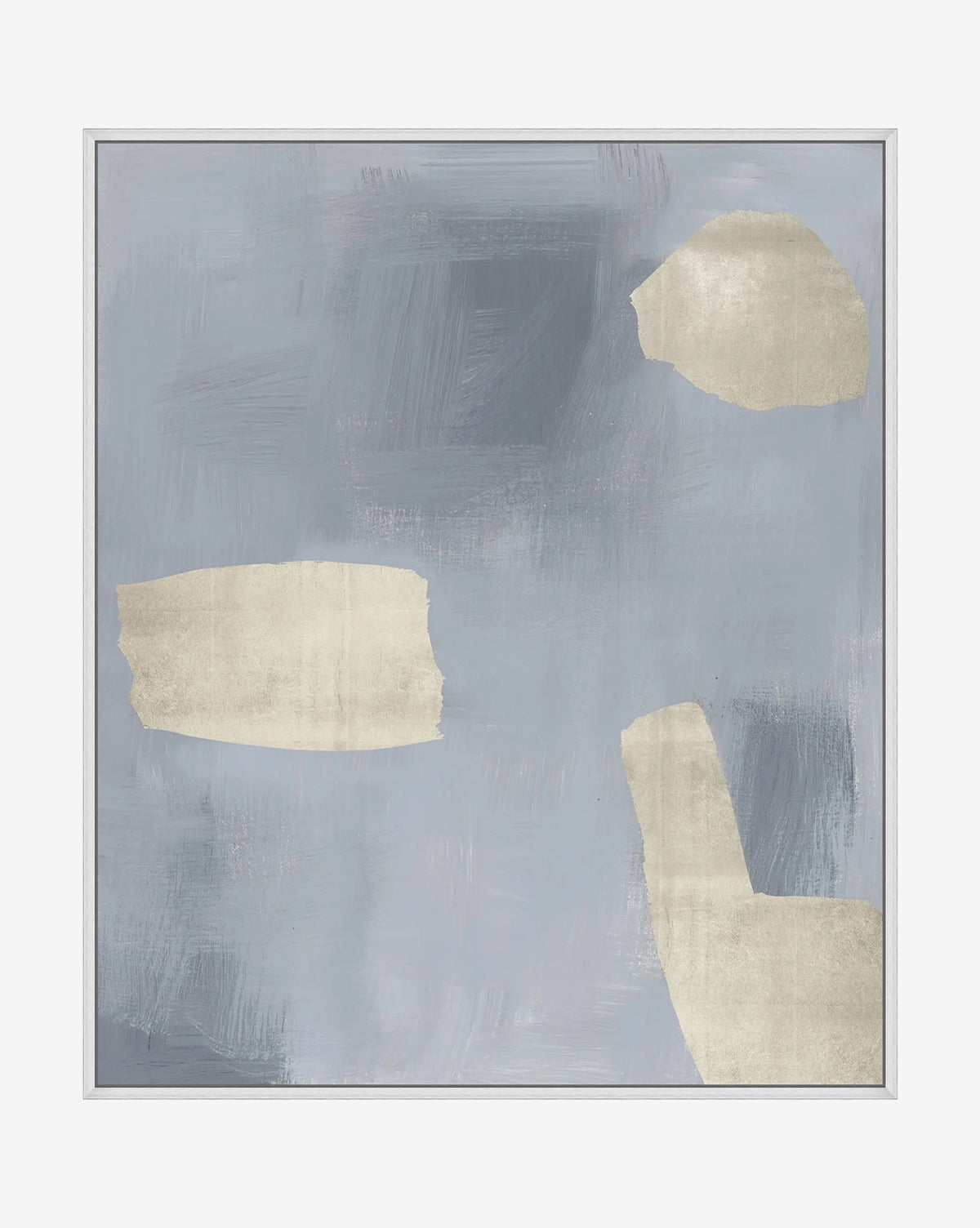 Lulled to Sleep 4 is an abstract giclee print with a soft, textured look. It features a light gray and blue background with three beige brushstroke shapes, all framed in a sleek silver floater frame by McGee & Co.