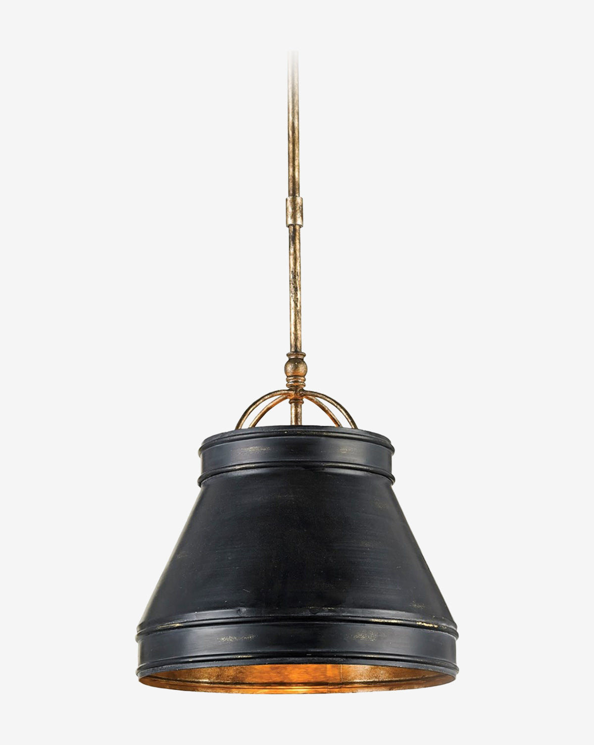 The Lumley Black Pendant is a statement light featuring a wide, tapered iron shade with gold accents, suspended from a sleek gold rod by McGee & Co.
