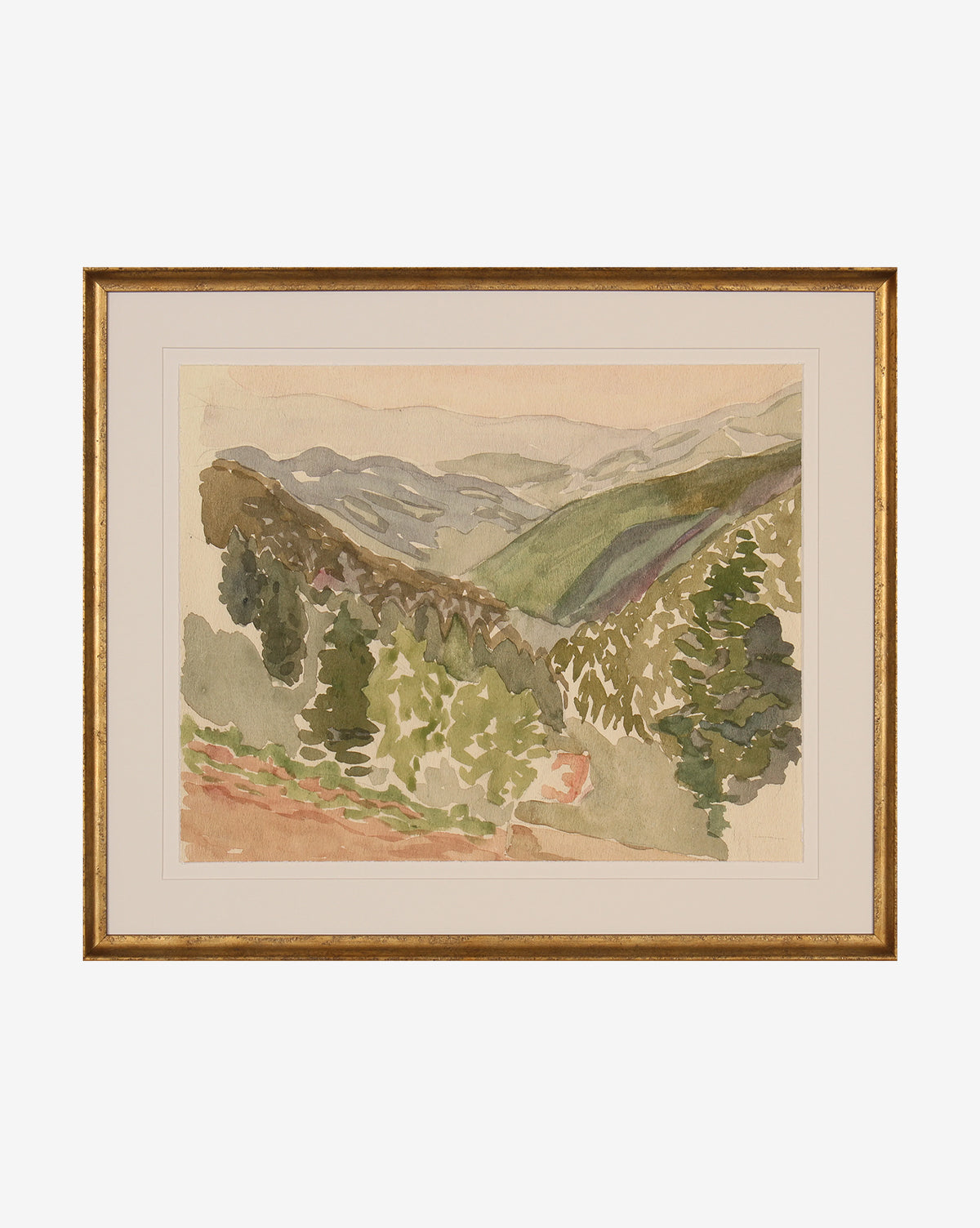 Museum-quality framed watercolor, Lush Hillside, features rolling hills, distant mountains, and clusters of green trees beneath a soft, neutral sky.